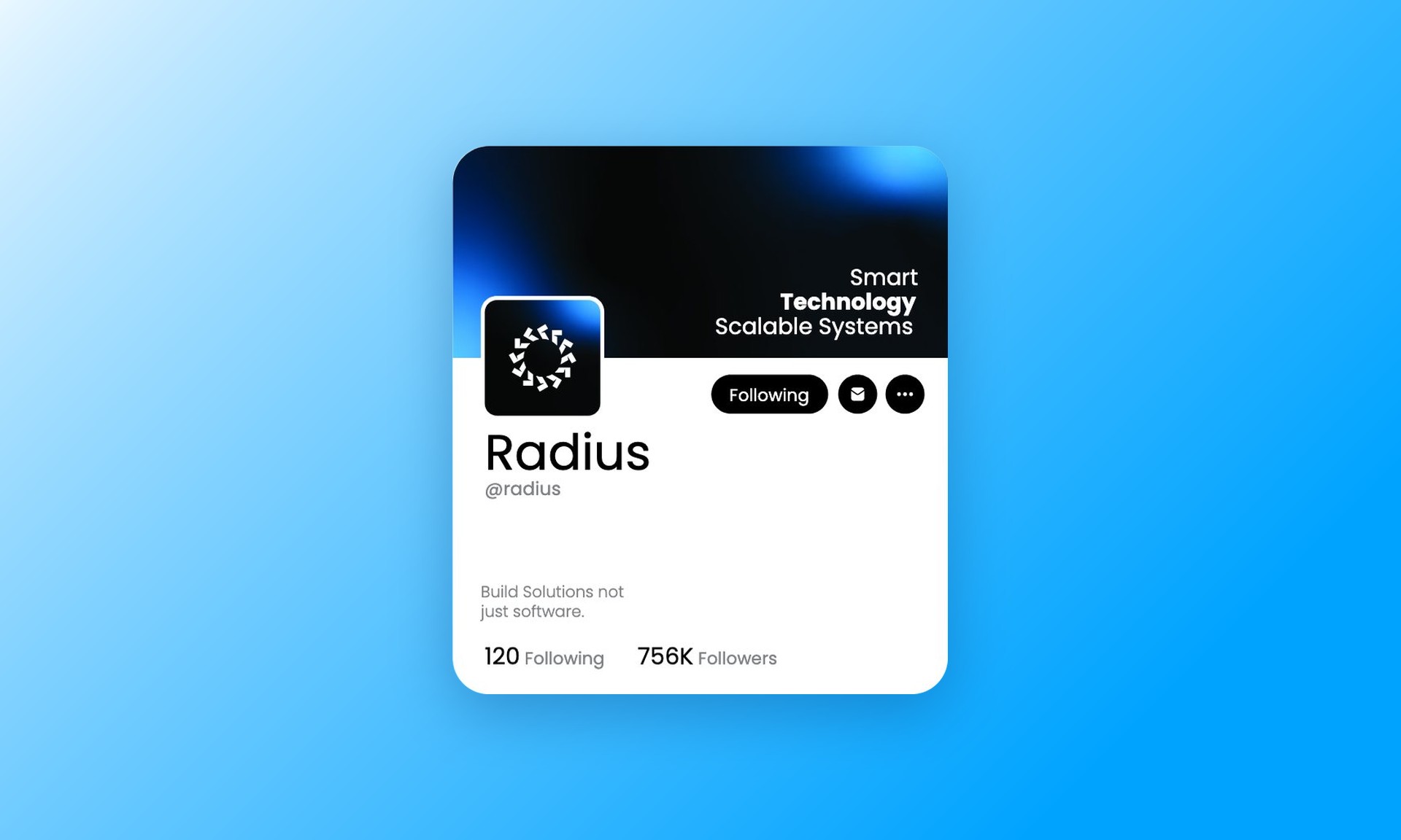 A Radius social profile card on a blue gradient