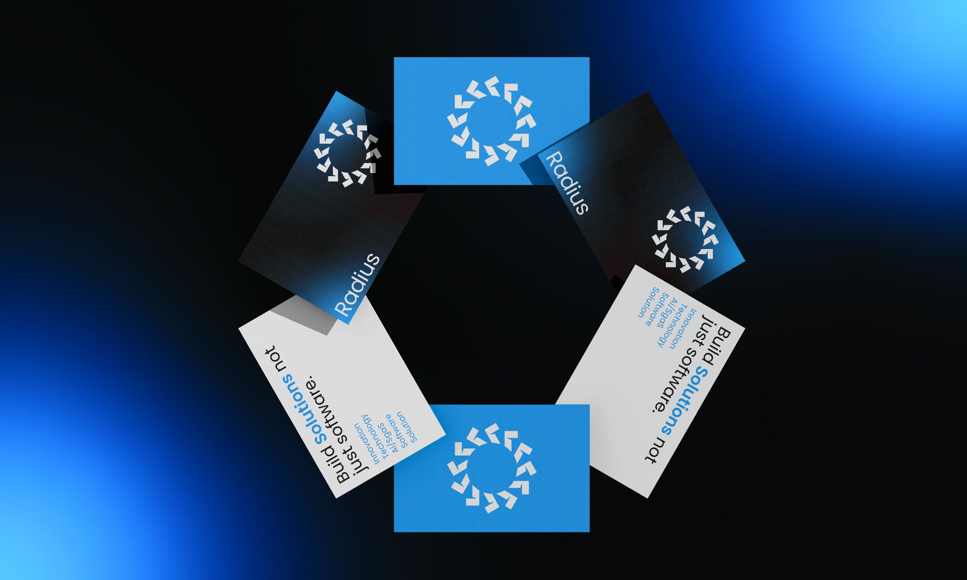 Blue, black and white Radius business cards arranged in a ring