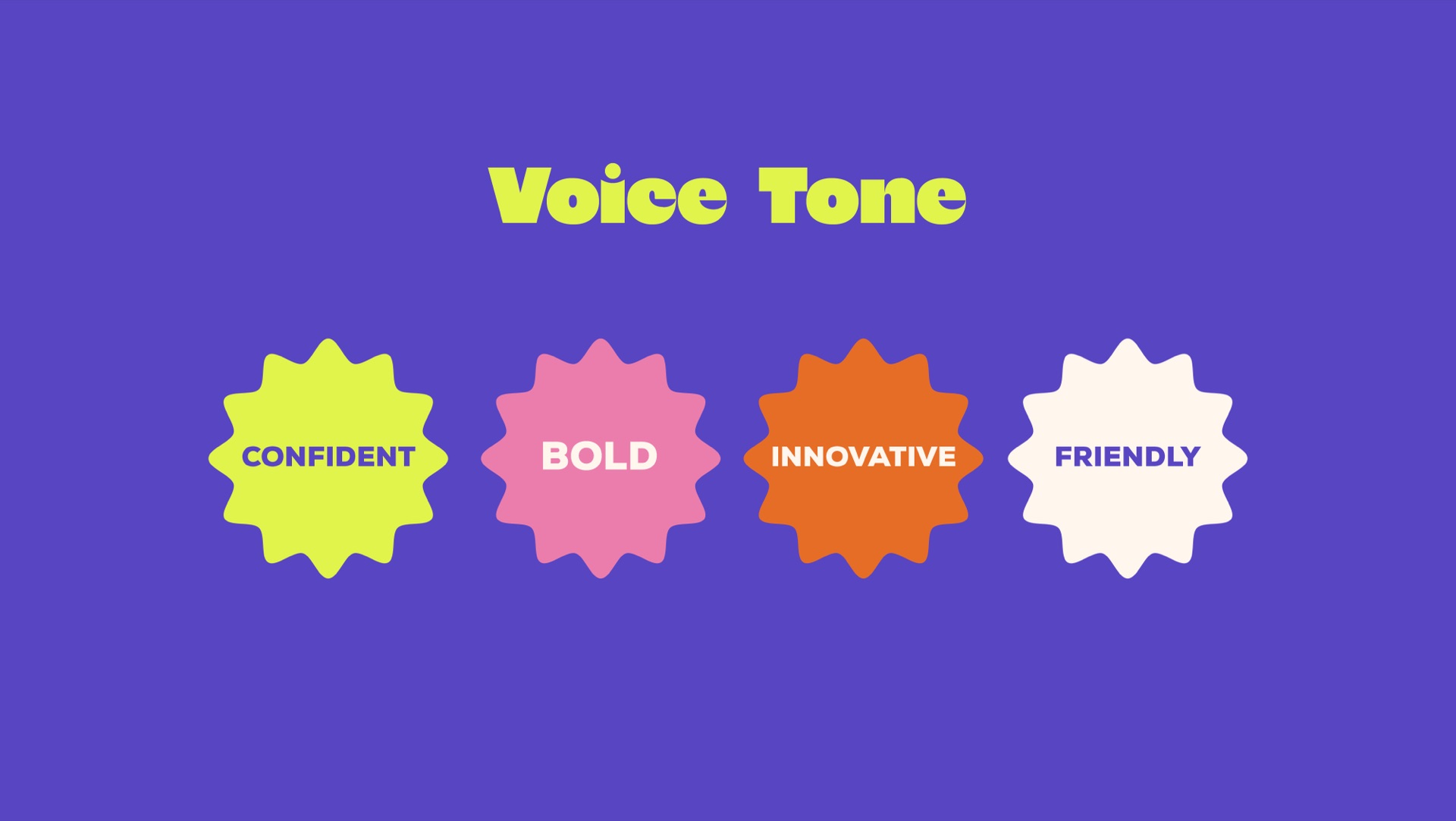 Four voice words in sunburst shapes on purple