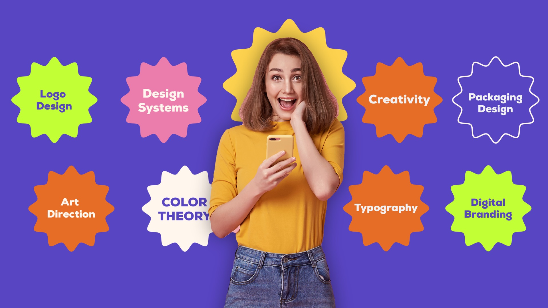 A woman holding a phone surrounded by service bursts: logo design, design systems, creativity and more