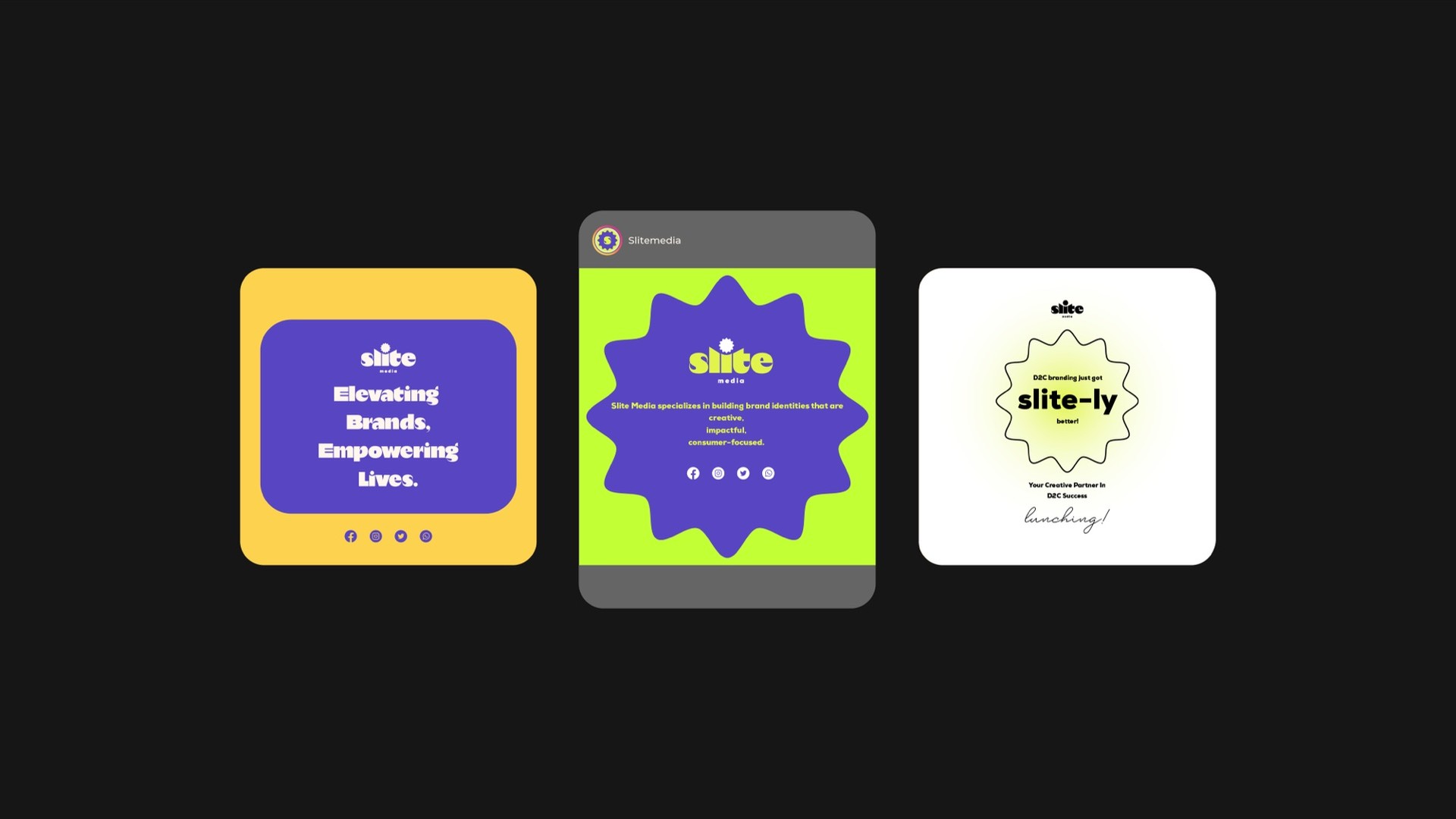 Three social posts on yellow, lime and white