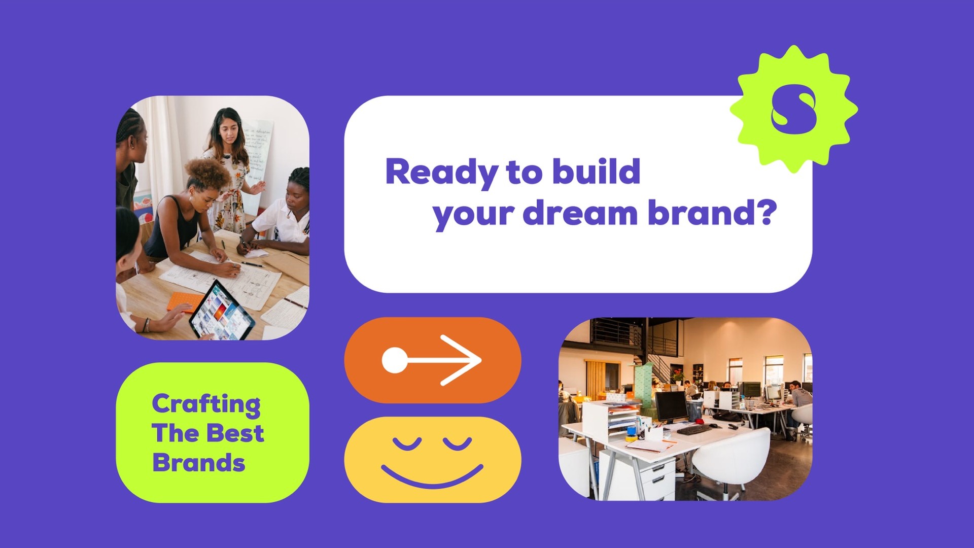 Grid of rounded cards: Ready to build your dream brand, Crafting The Best Brands, arrow and smile icons