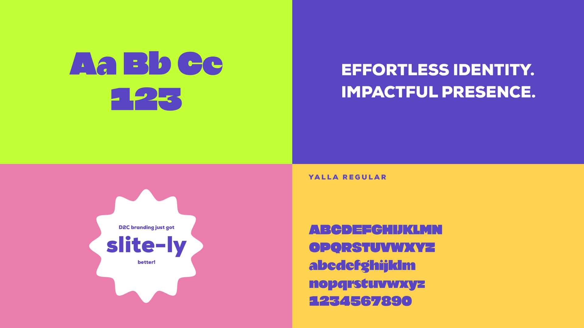 Yalla type specimen on lime, yellow and pink panels