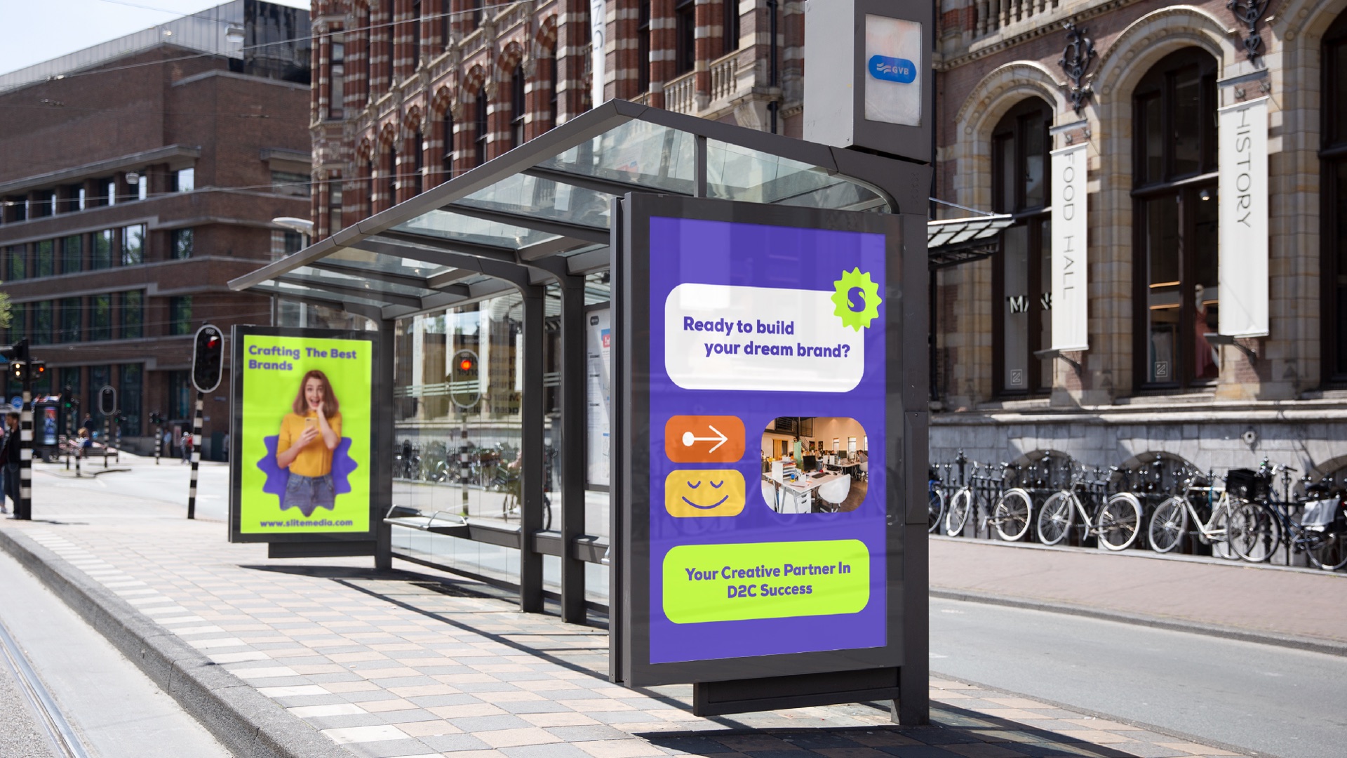 Slite posters in a bus shelter on a city street