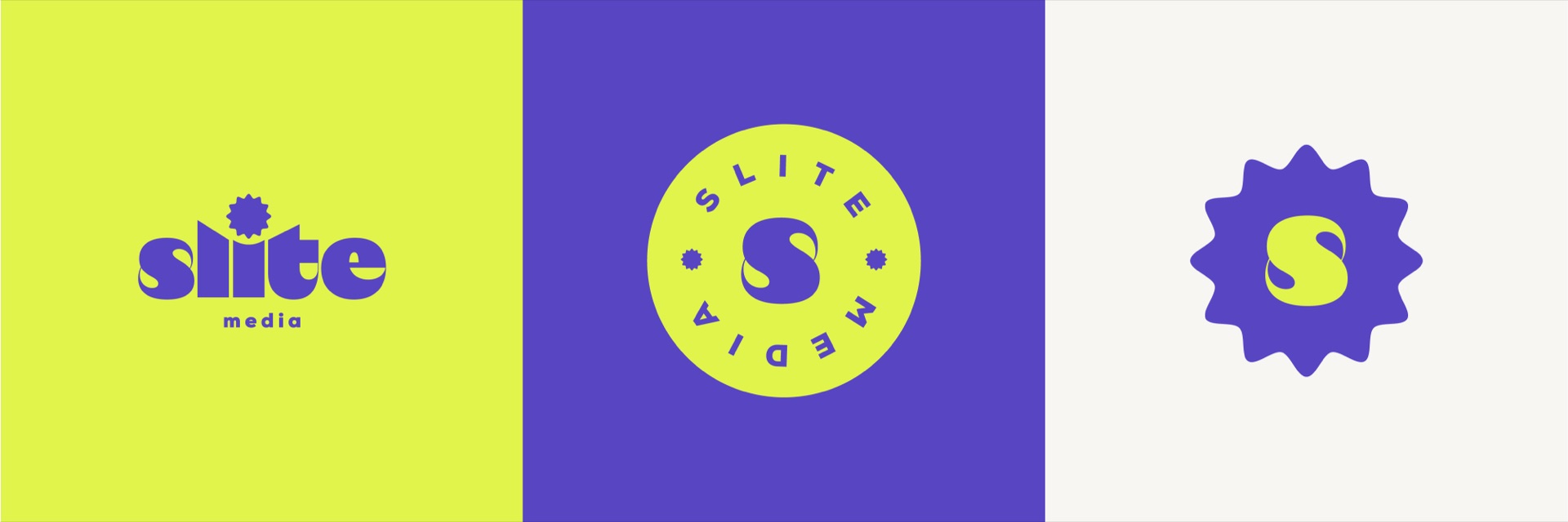 Wordmark on lime, round seal on purple and the S sunburst badge on cream