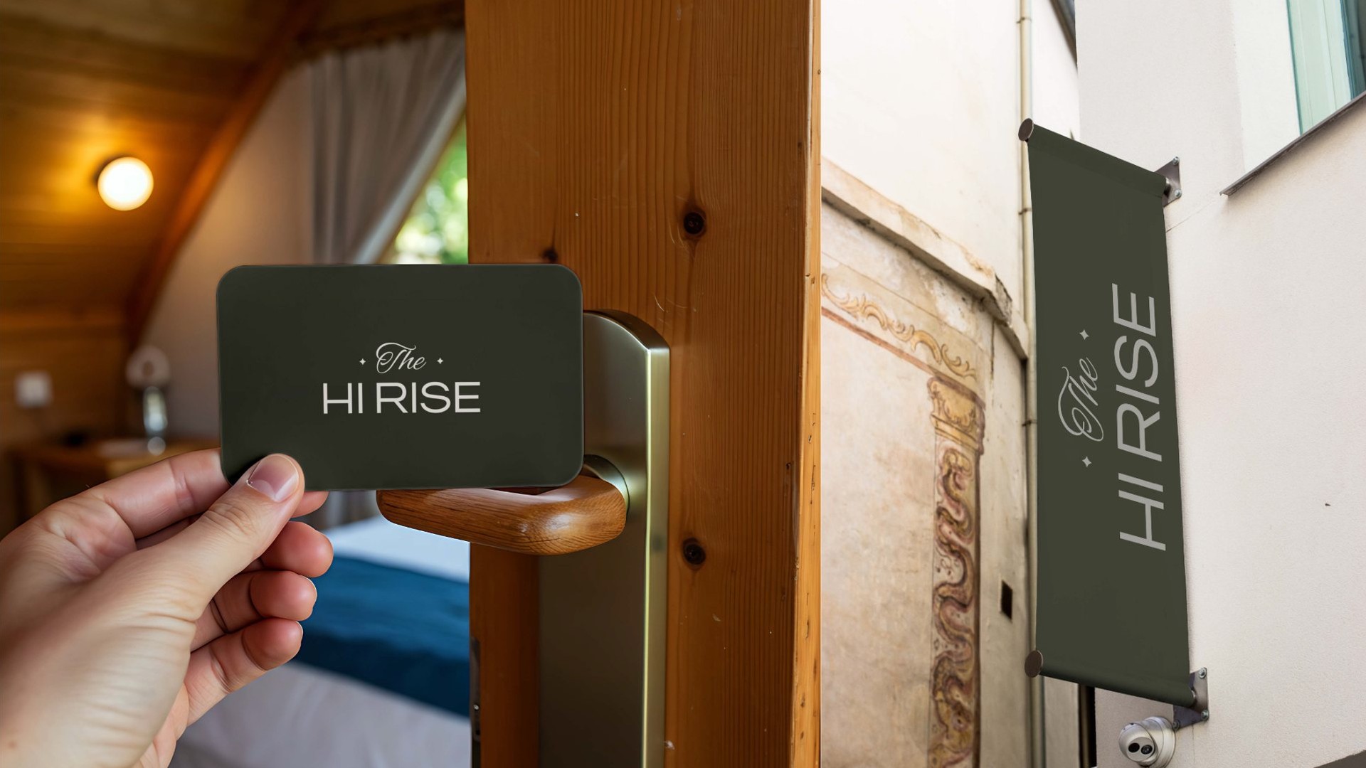 A hand holding a key card by a door and a hanging olive banner