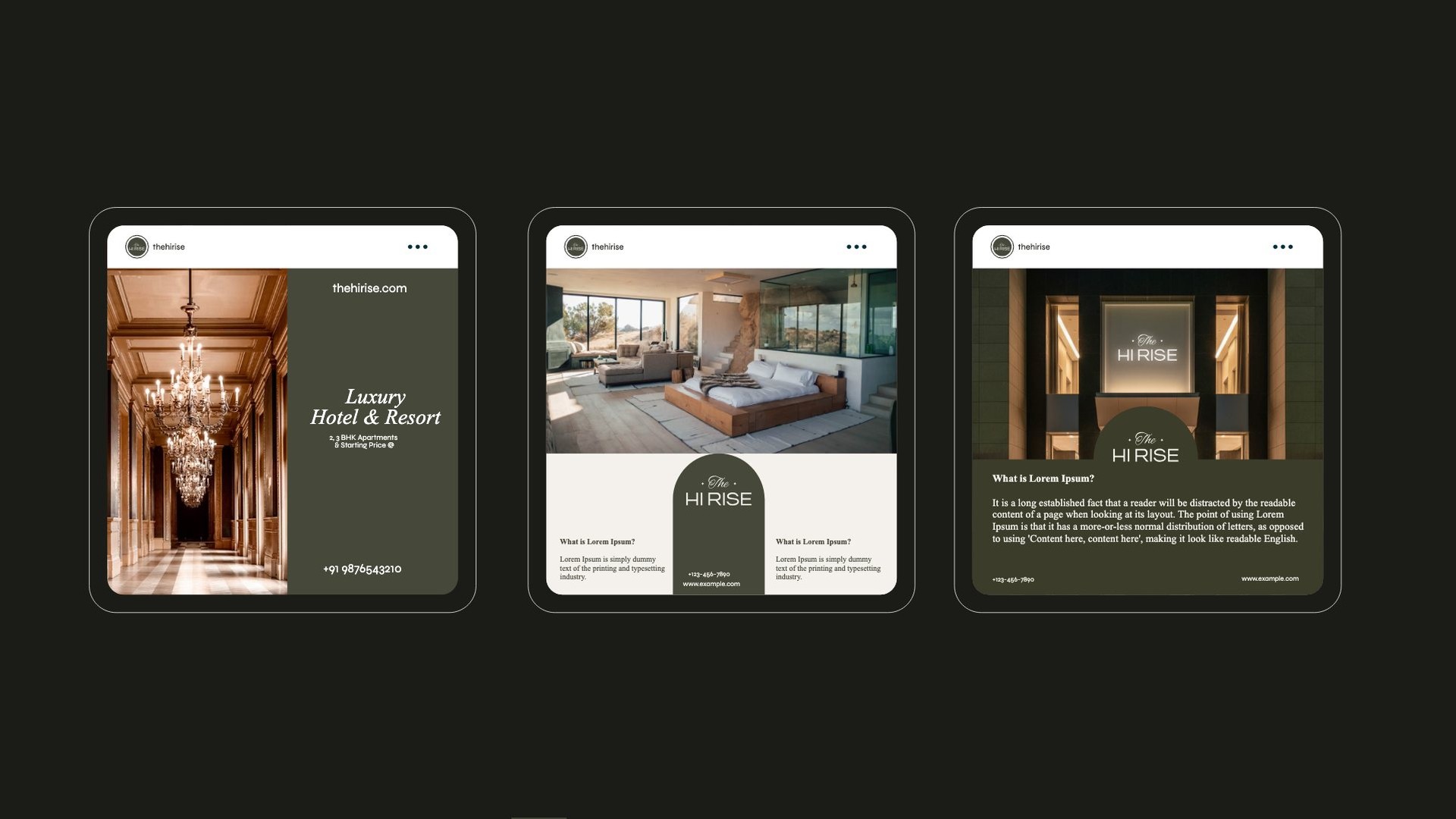 Three social posts showing a chandelier hall, a suite and a lobby