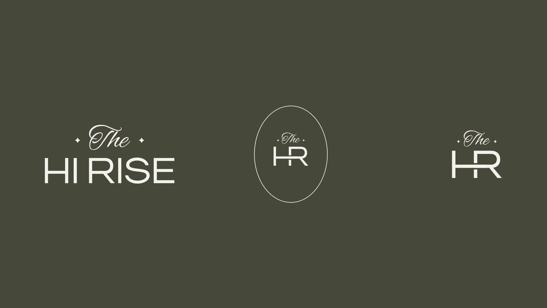 The full wordmark, the HR monogram in an oval and the HR mark on olive
