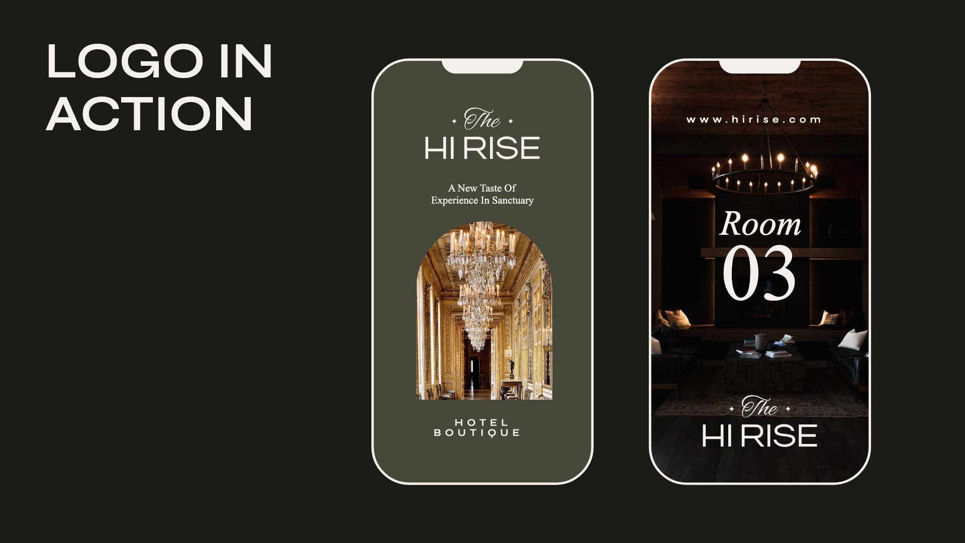 Two phone screens with the wordmark and a Room 03 page