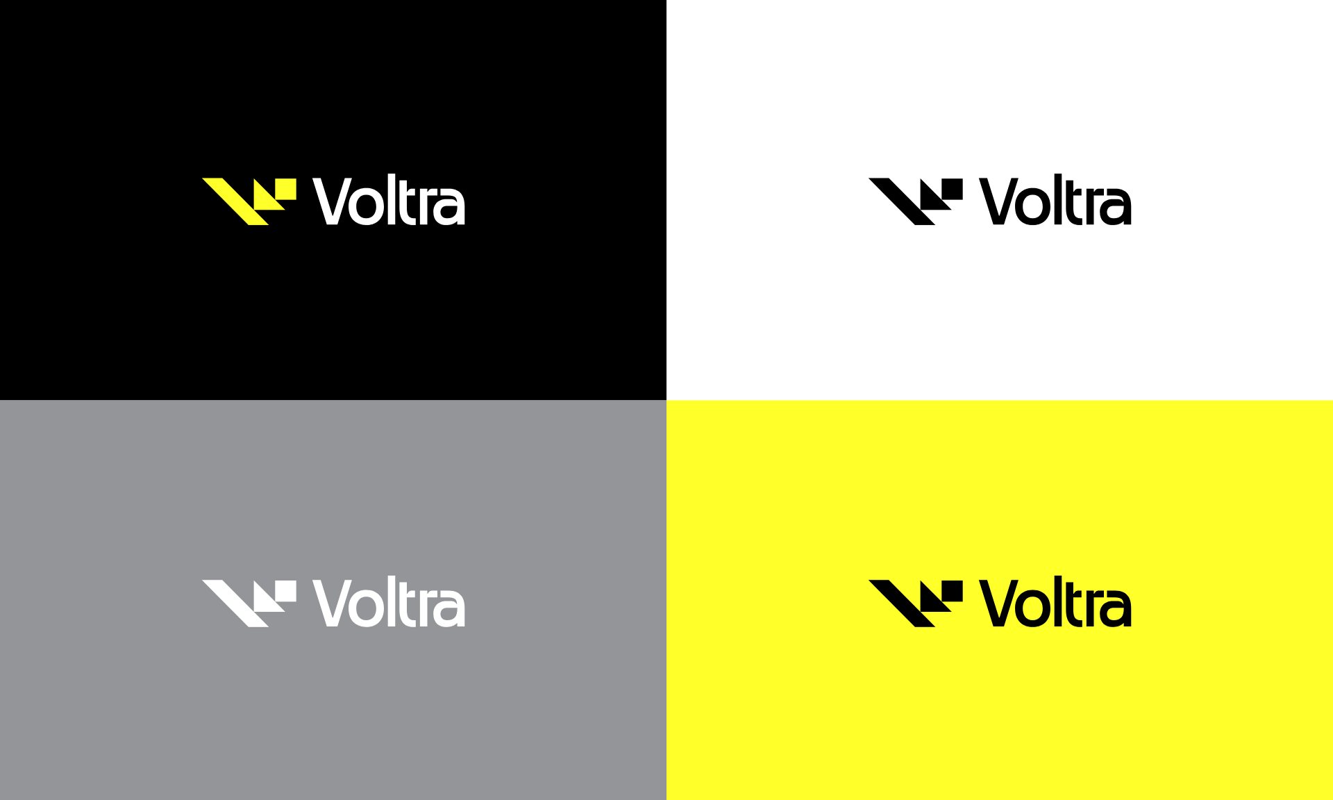 The Voltra logo on black, white, grey and yellow