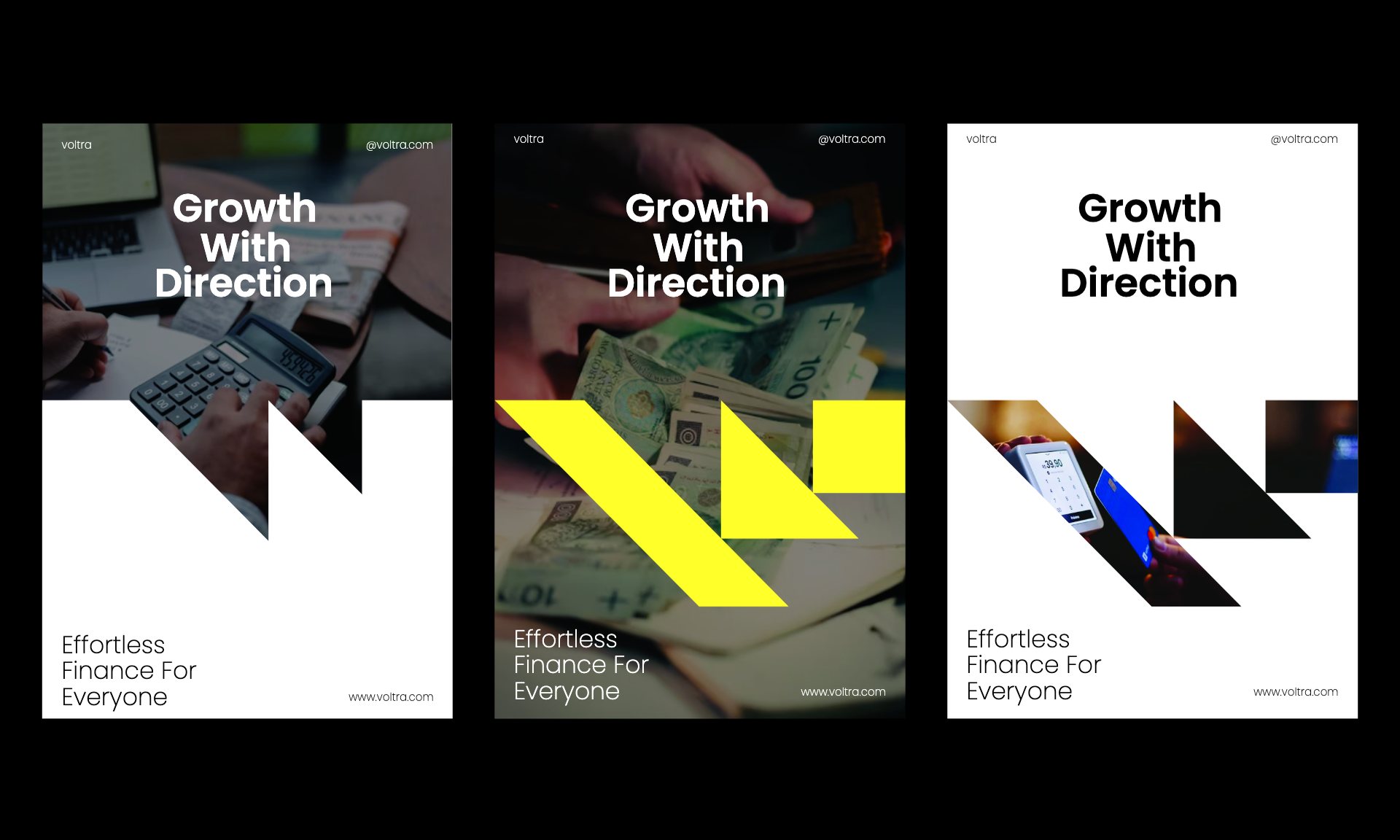 Three posters reading Growth with direction with the V cutting through photos