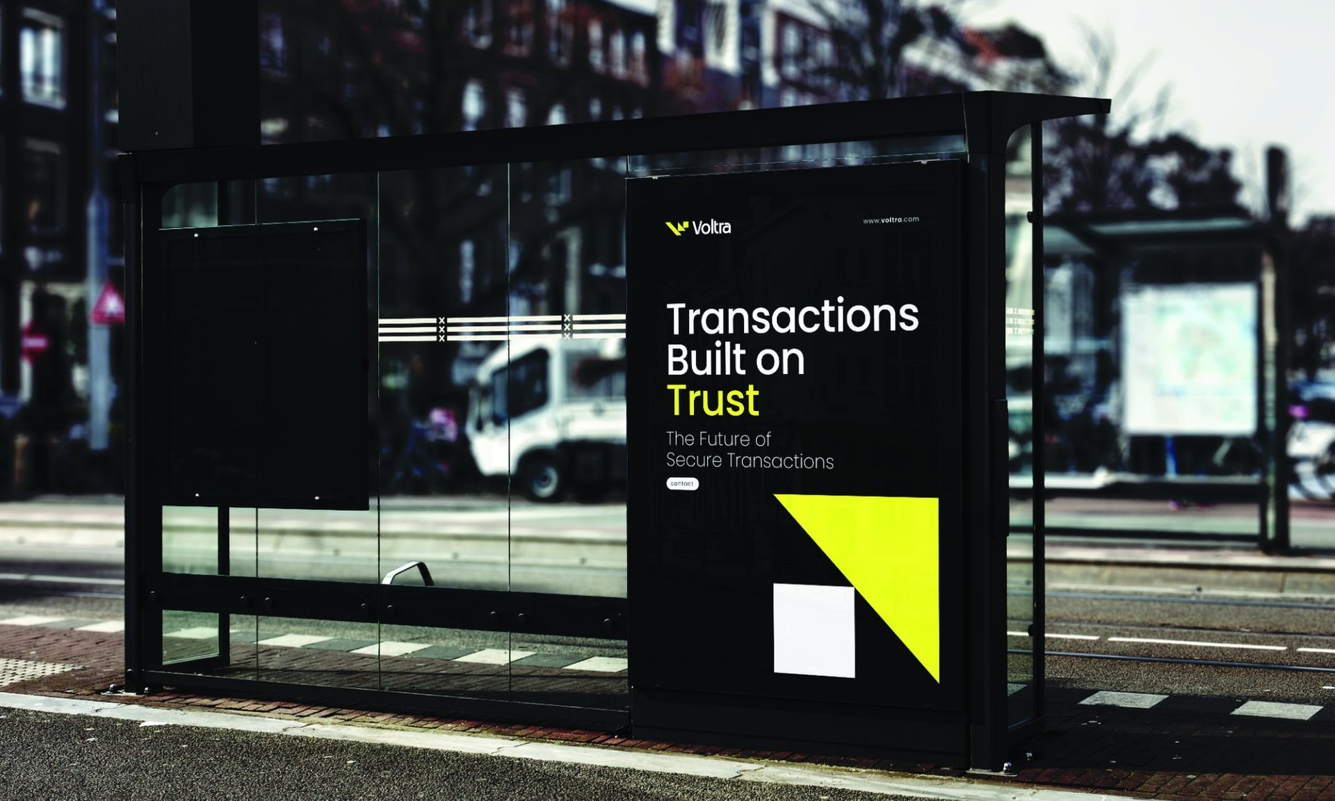 A bus shelter ad reading Transactions built on trust