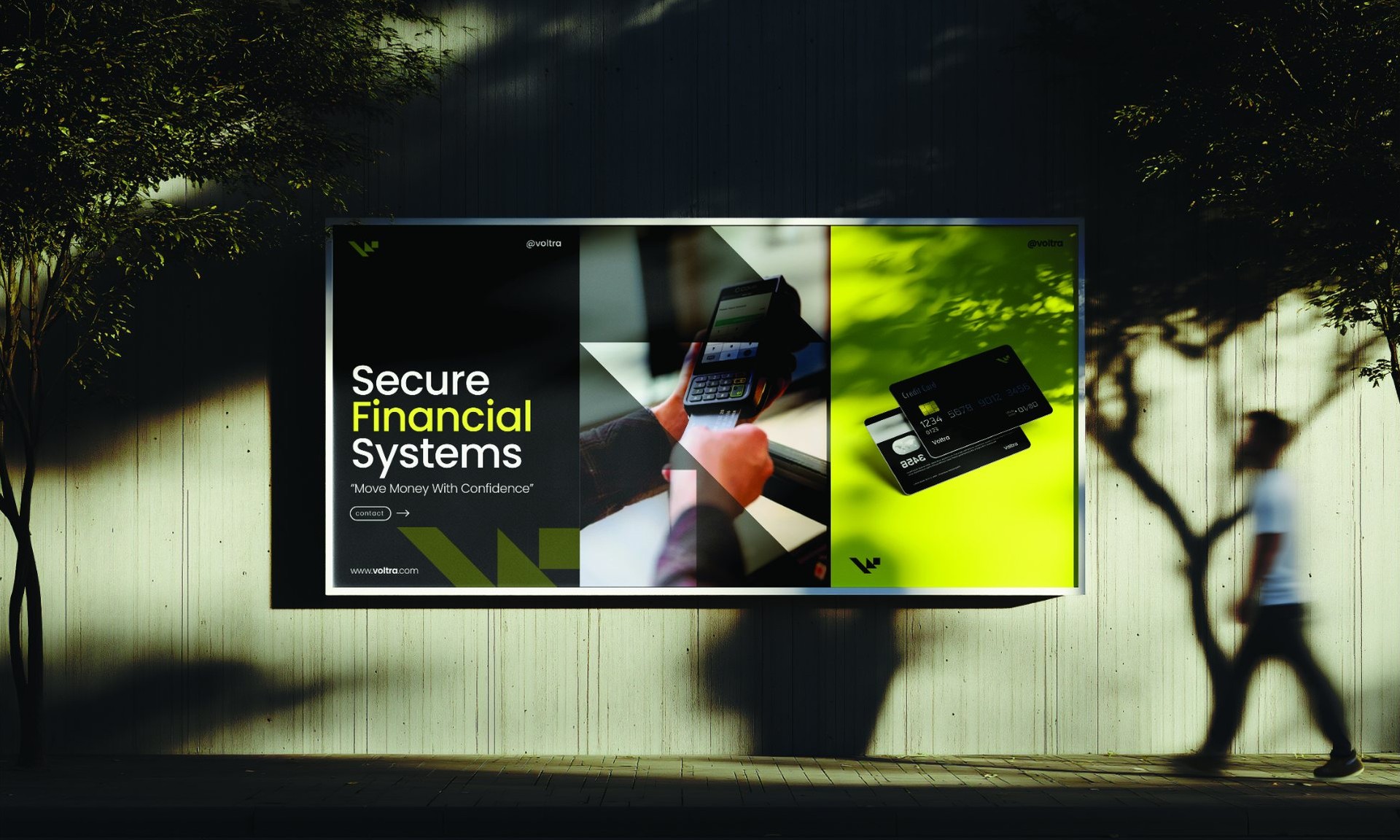 A Voltra billboard reading Secure financial systems with a person walking past in shadow