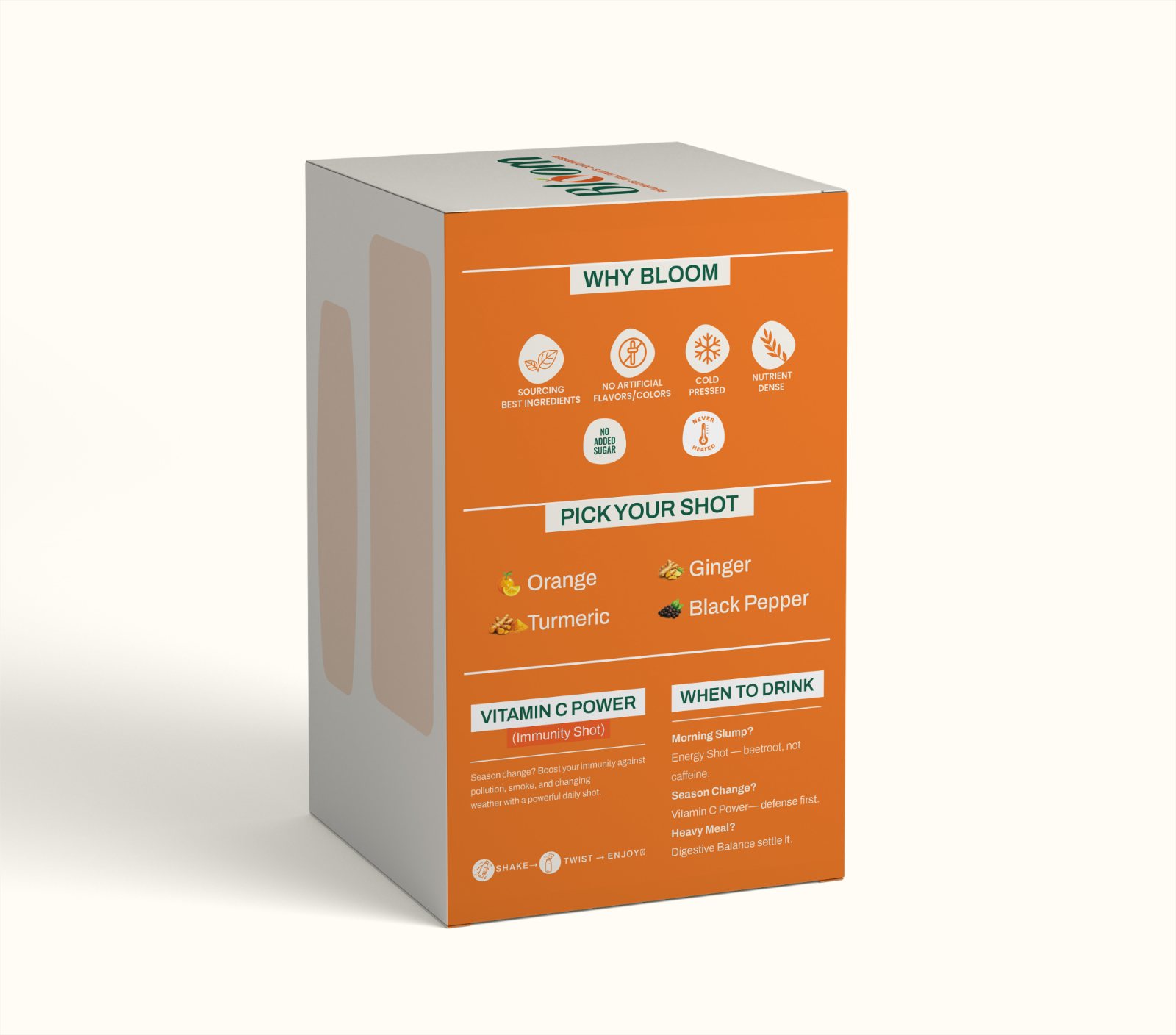 Orange box, back with icons, ingredients and when to drink