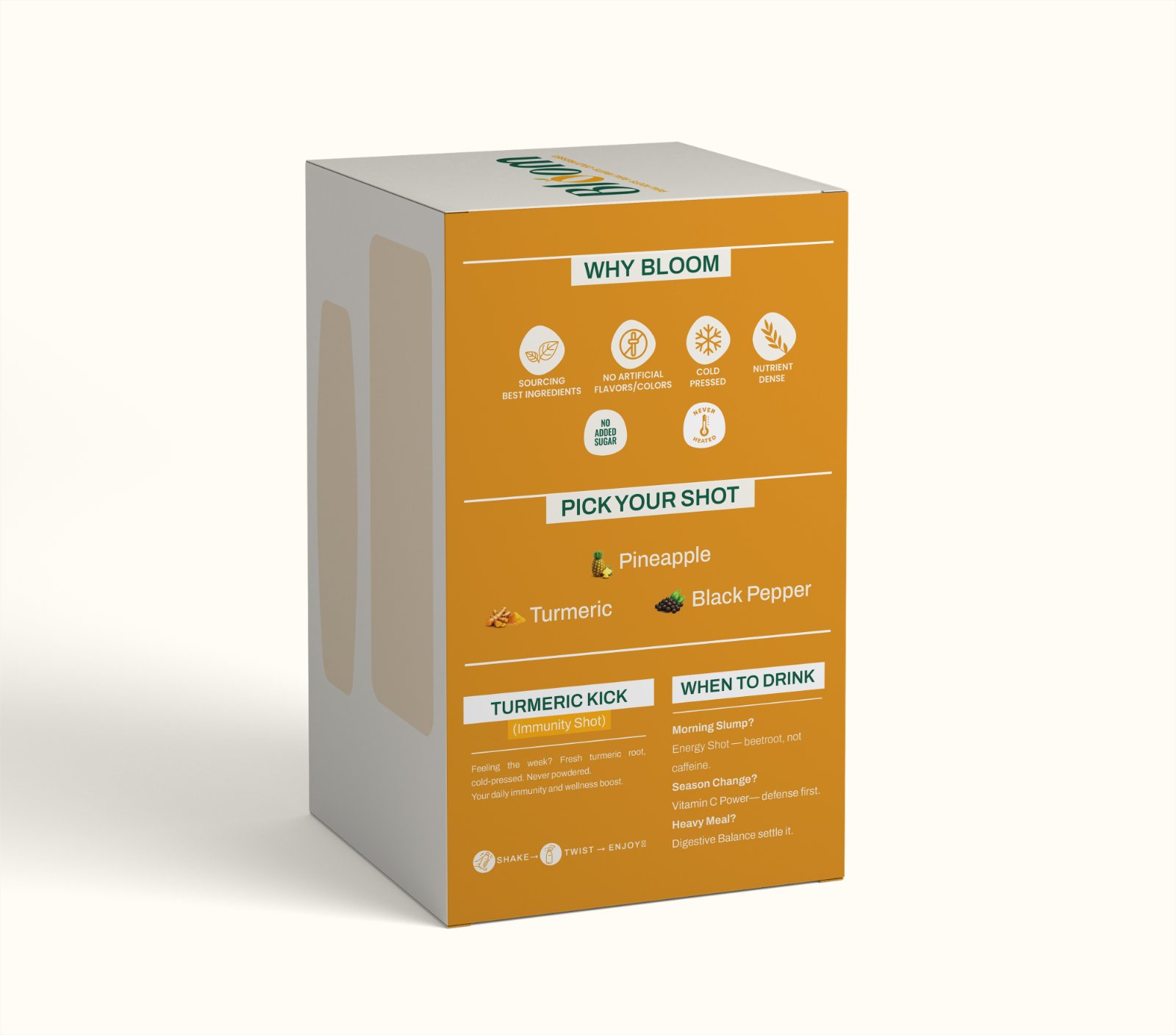 Yellow box, back with icons, ingredients and when to drink