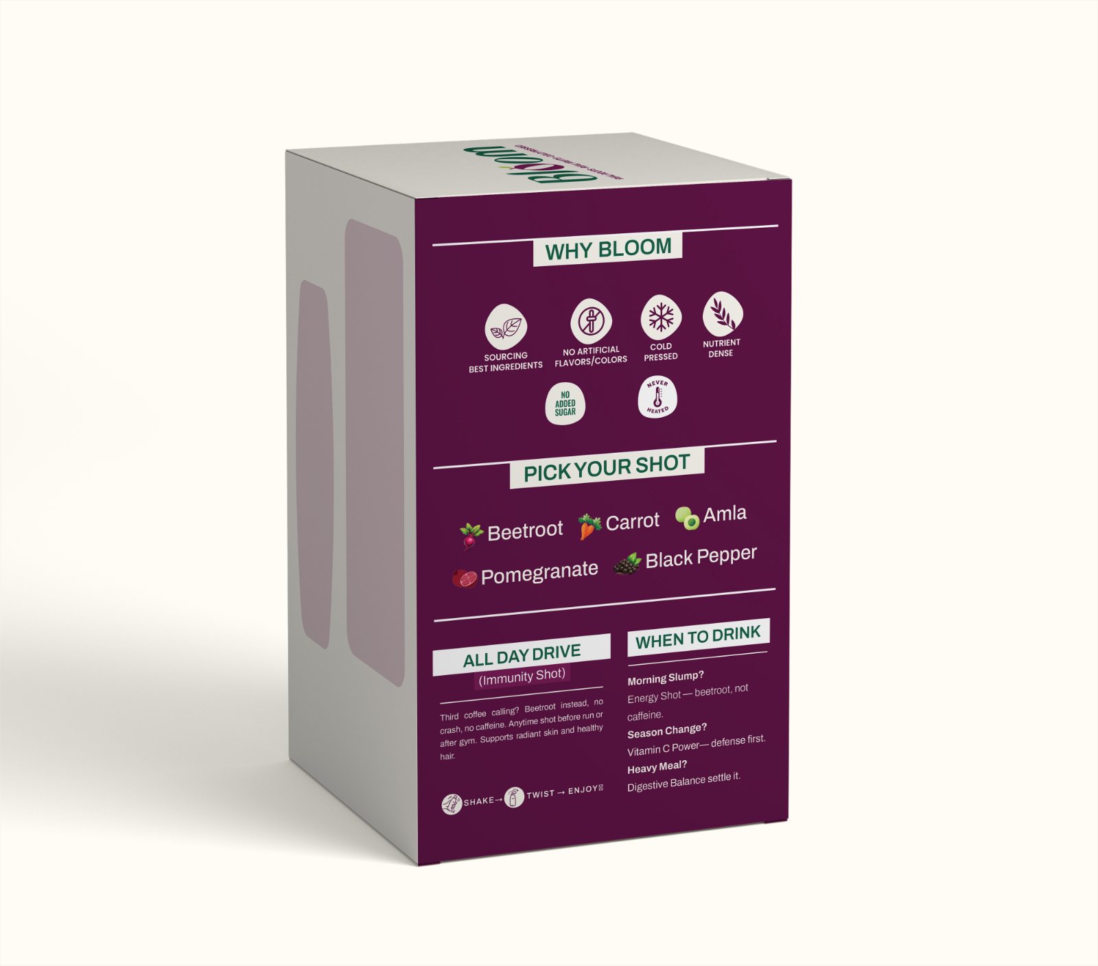 Plum box, back with icons, ingredients and when to drink