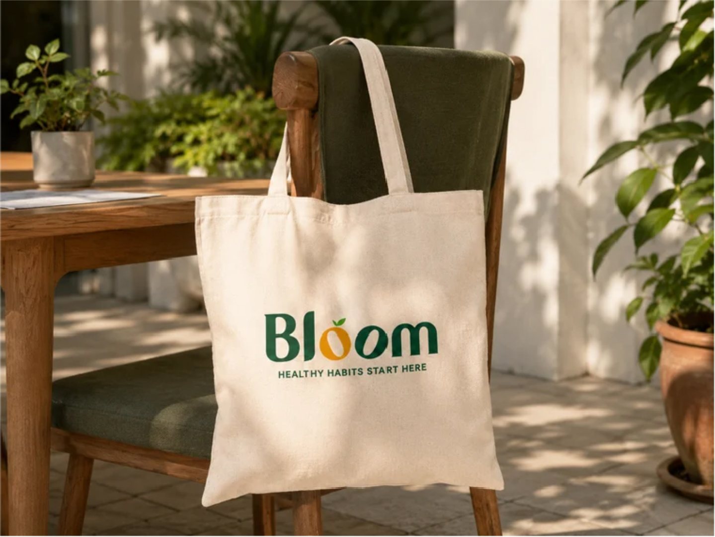 A canvas tote with the Bloom wordmark hanging on a garden chair