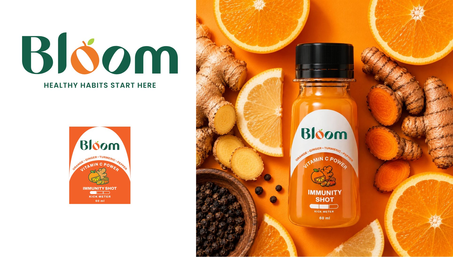 Vitamin C Power immunity shot label next to the bottle on oranges, ginger and turmeric