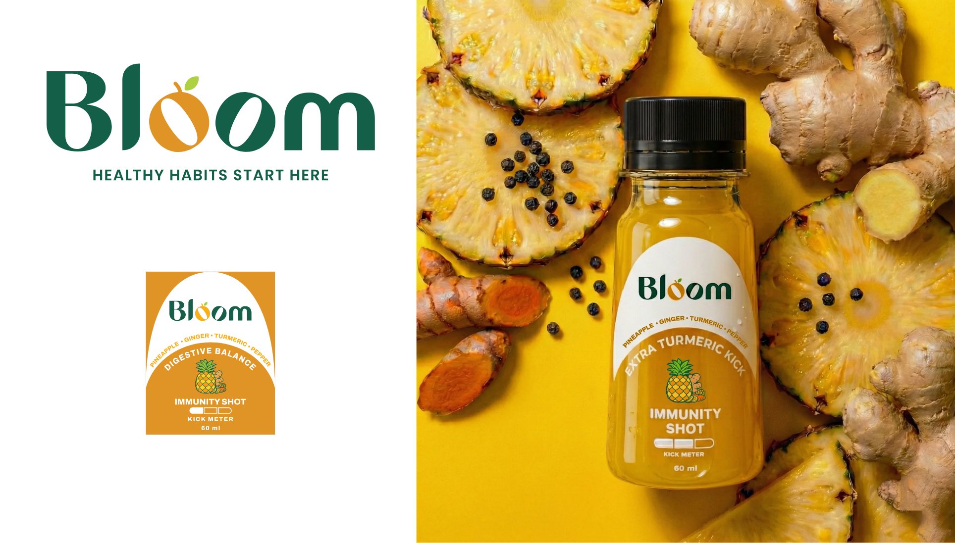 Turmeric Kick immunity shot label next to the bottle on pineapple, ginger and pepper