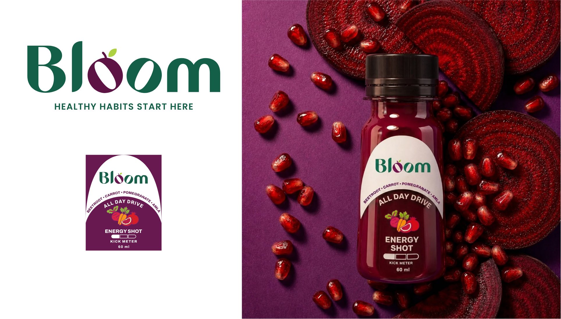 All Day Drive energy shot label next to the bottle on beetroot and pomegranate