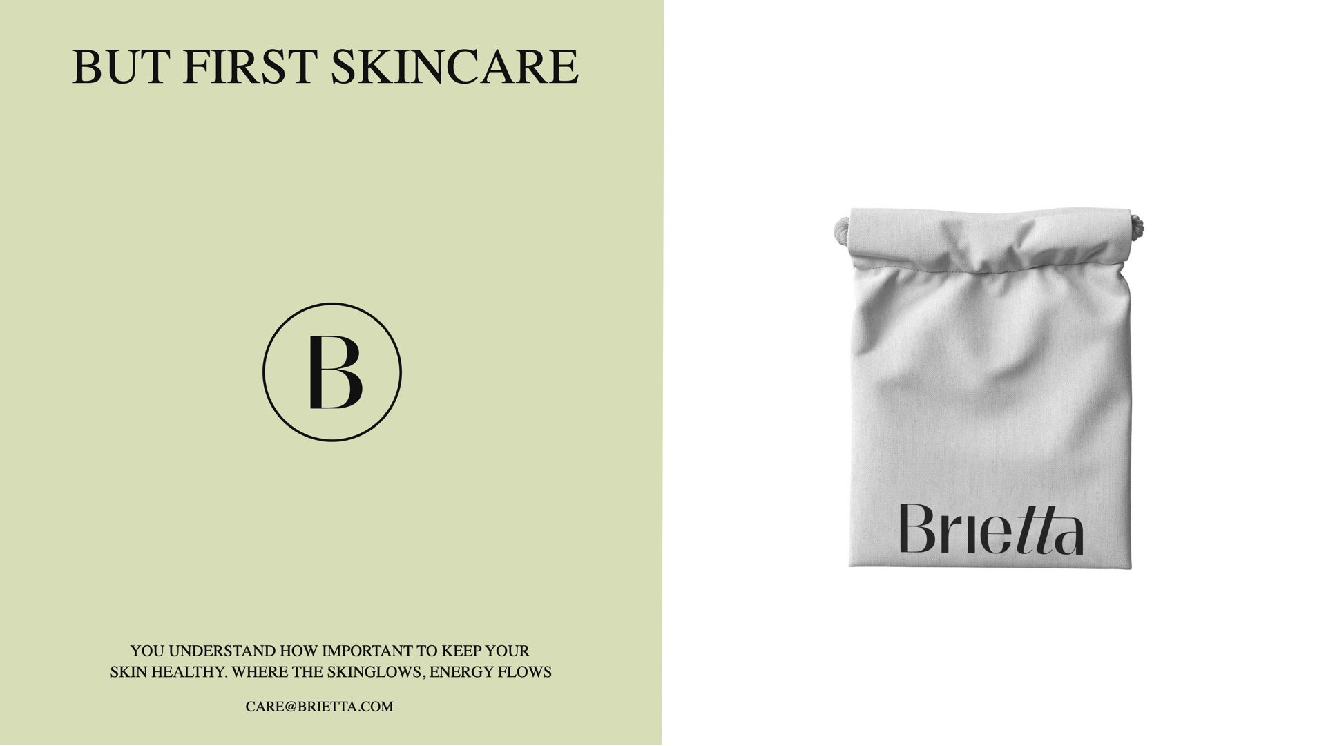 Sage card with But First Skincare and the B monogram next to a white drawstring pouch