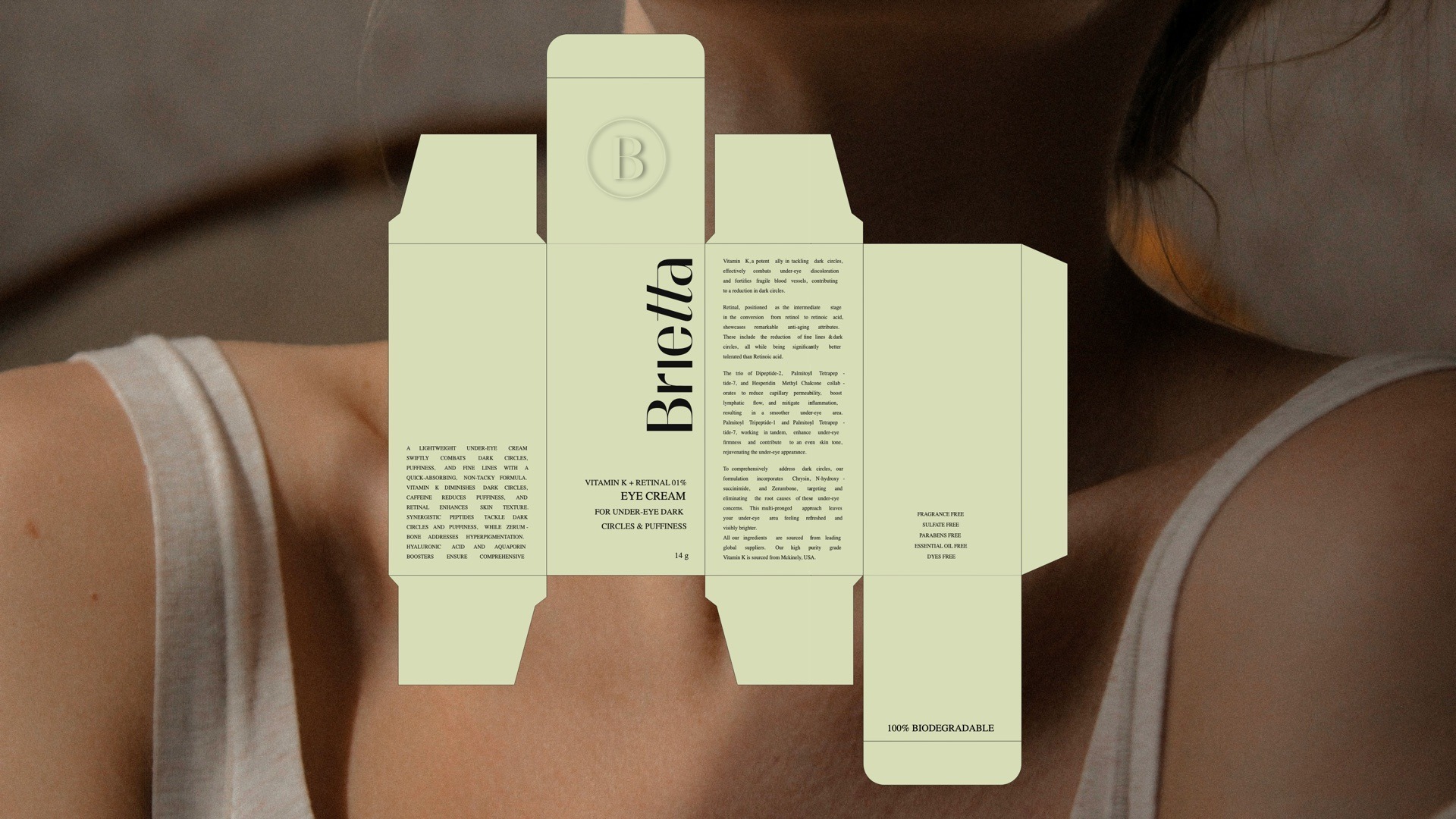 Flat sage carton dieline for the Vitamin K and Retinal eye cream over a skin photo