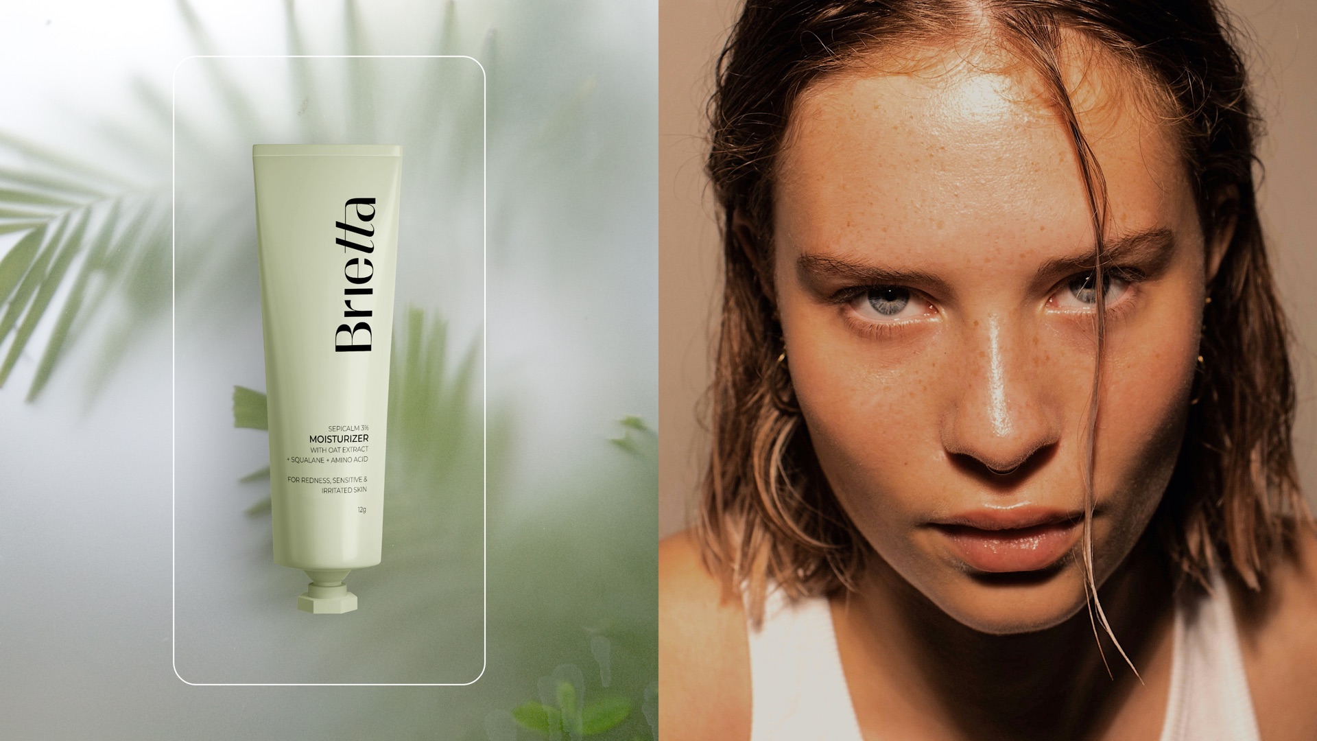 A sage moisturiser tube behind frosted glass next to a portrait with wet hair
