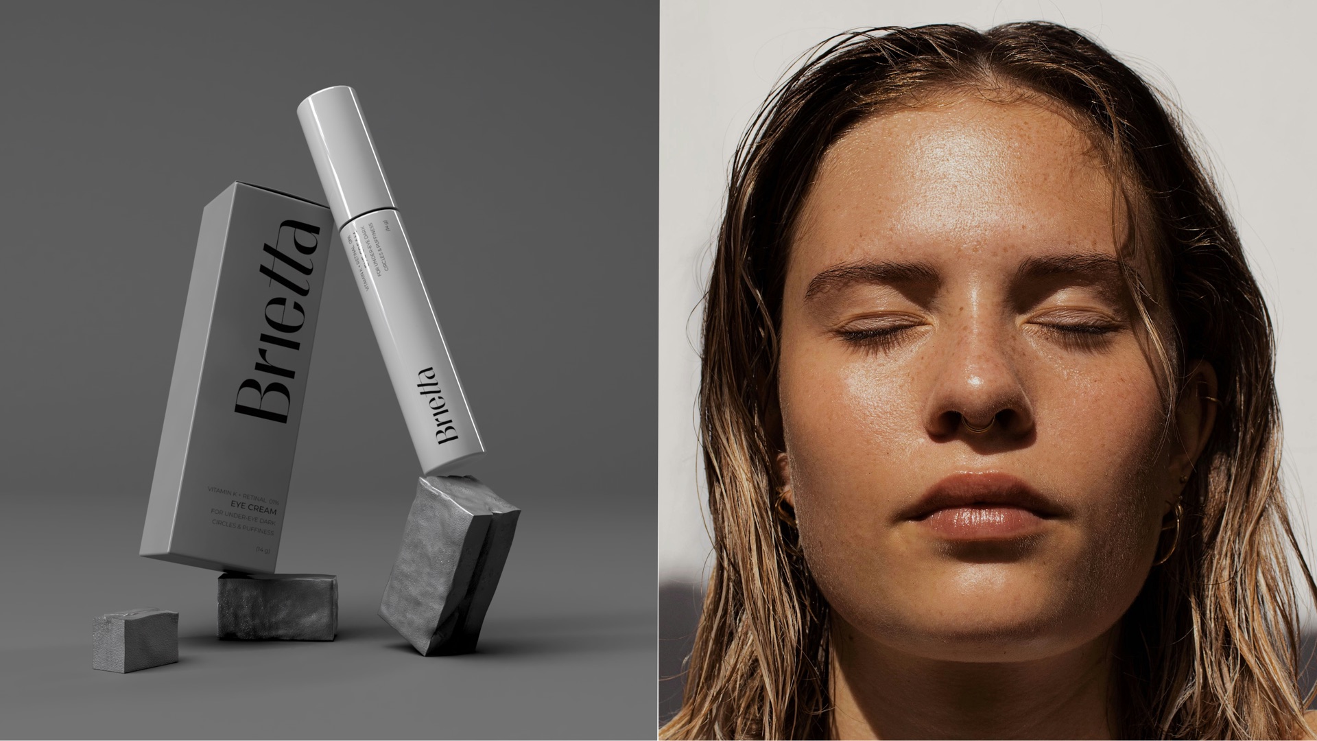 A grey tube and carton on concrete blocks next to a portrait with eyes closed