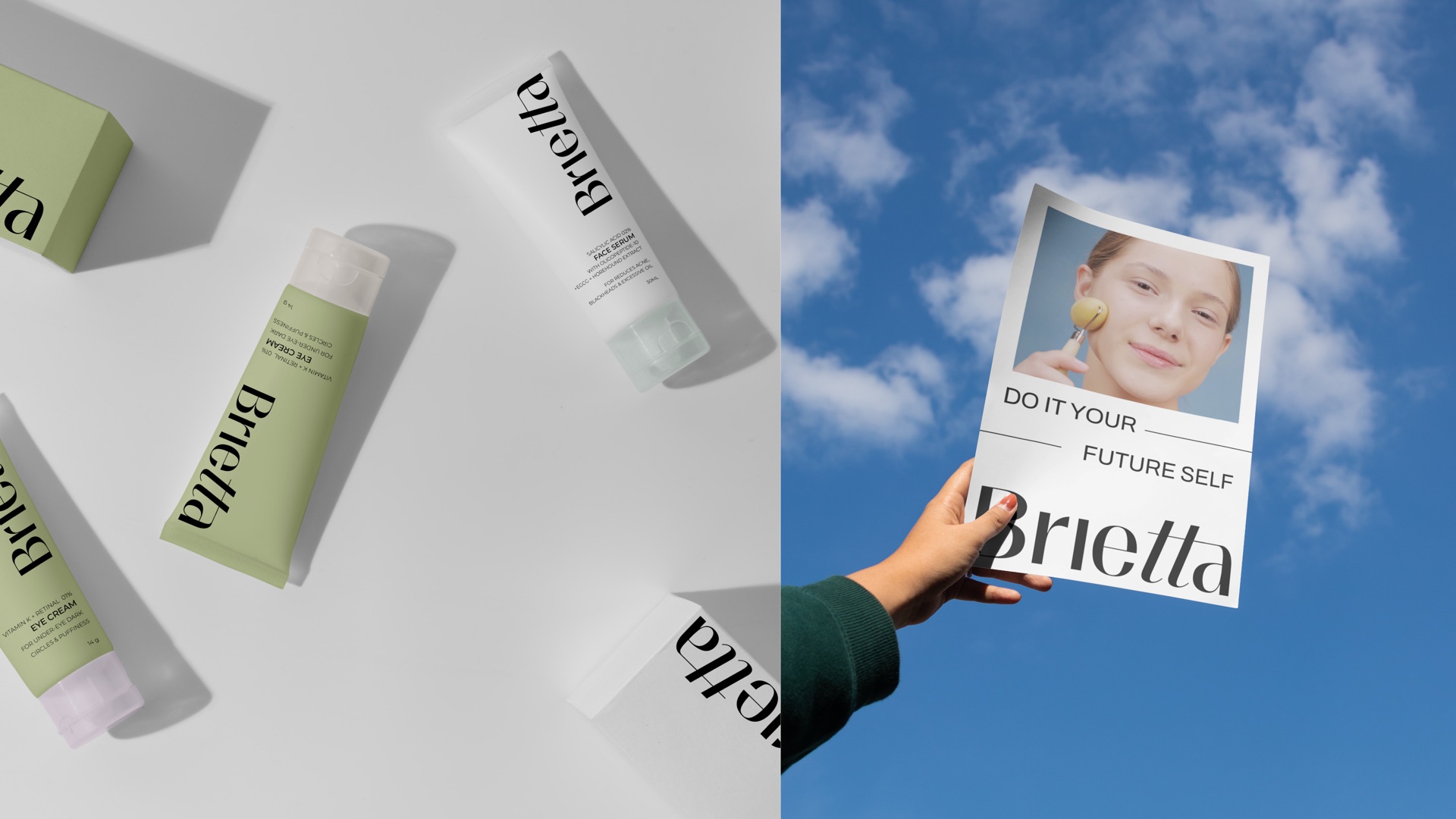 Tubes floating on white next to a hand holding a Brietta card up to the sky