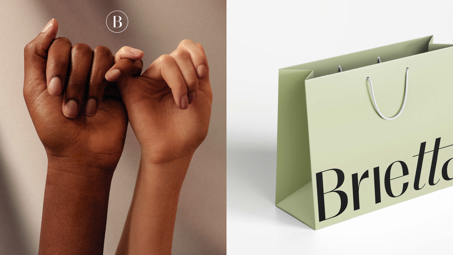 Two hands linking little fingers next to a sage shopping bag