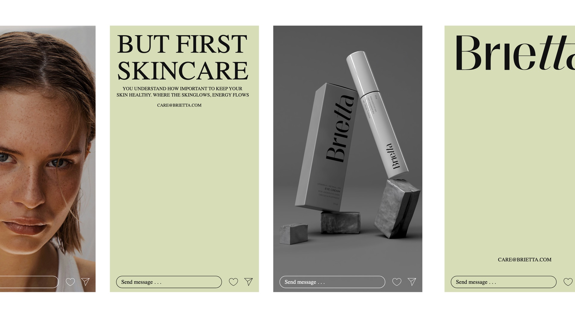 Four story posts: a portrait, But First Skincare, a grey tube and the wordmark