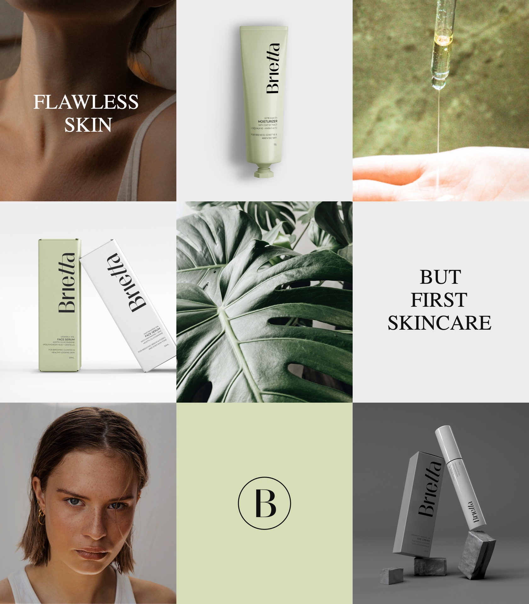 Nine post social grid with skin, products, leaves, the monogram and the lines Flawless Skin and But First Skincare