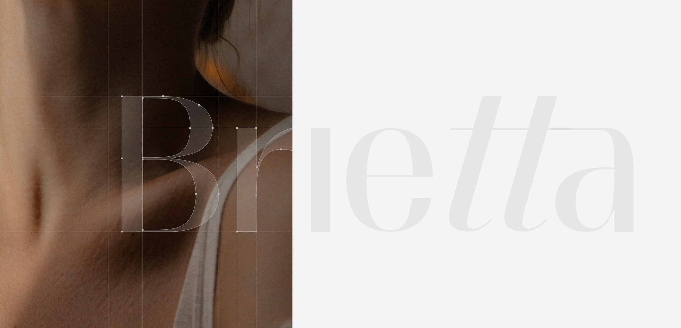 The Brietta wordmark split across a close crop of a neck and a pale grey panel