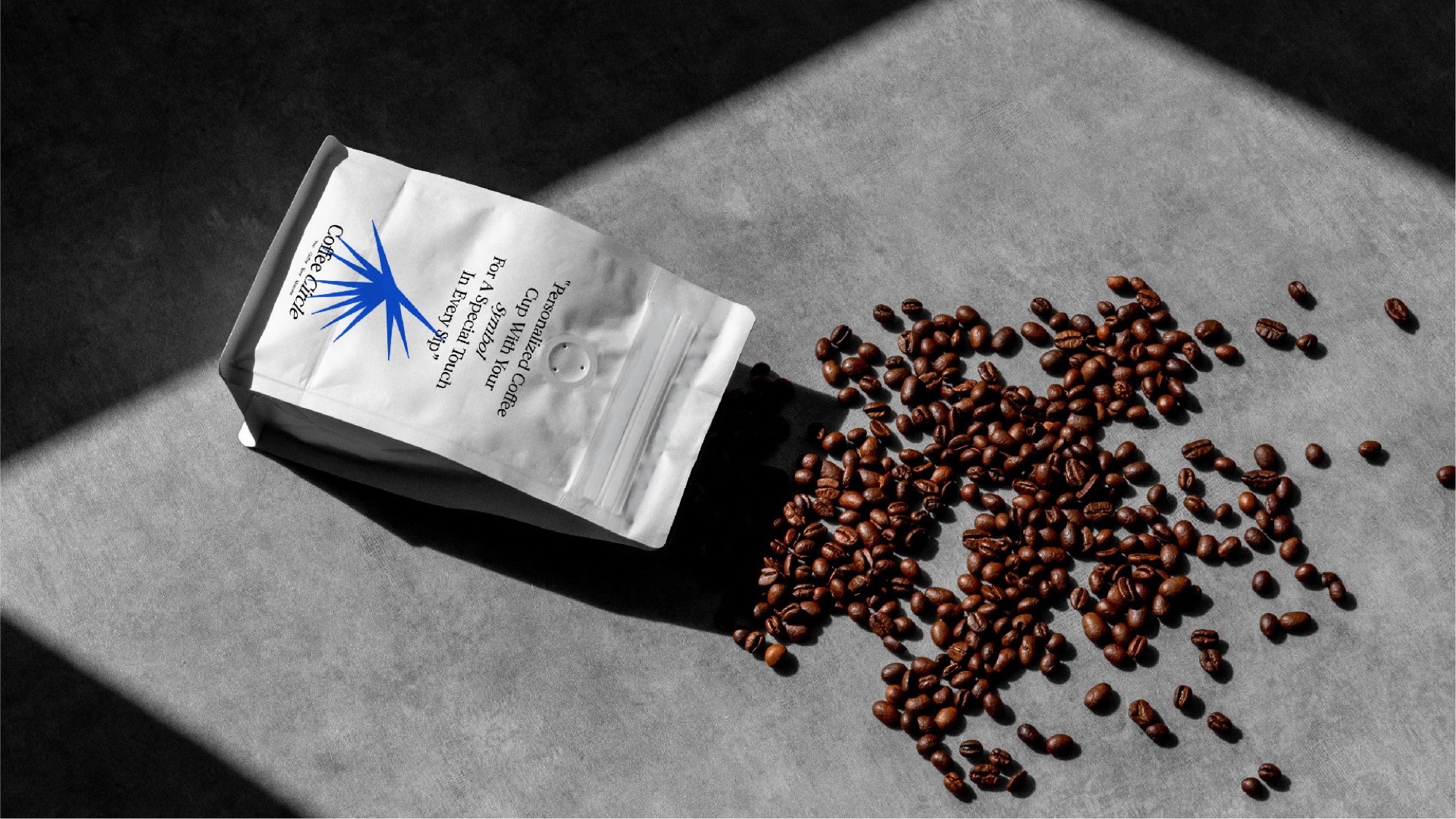 Coffee bag with beans on a concrete floor