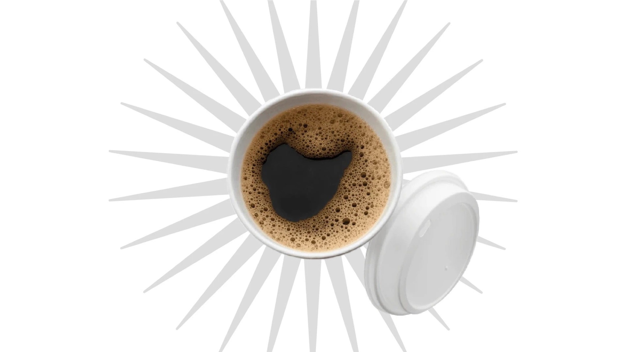 An open cup of coffee at the centre of the burst