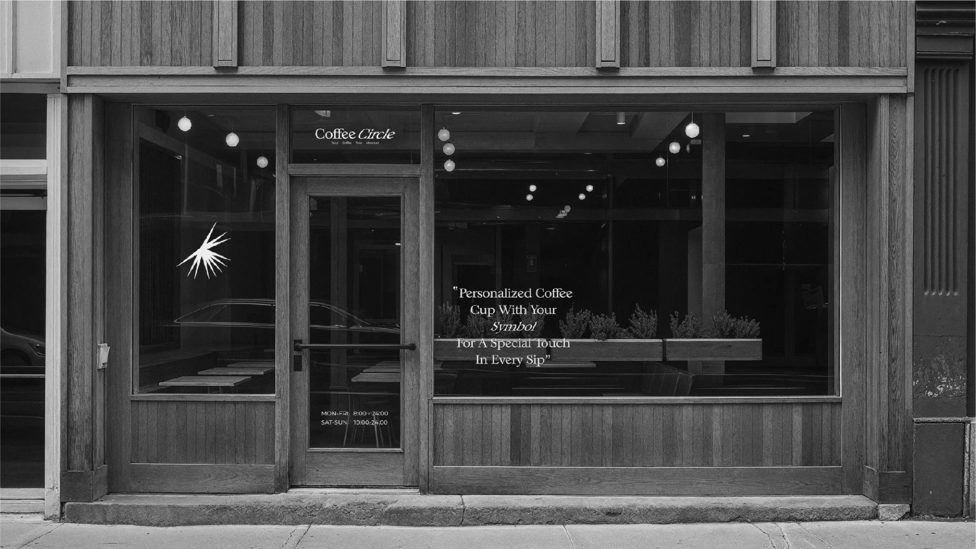 Coffee Circle shopfront with the symbol and window lines