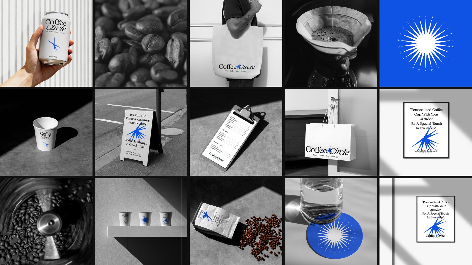 Coffee Circle social posts: cups, cans, bags, signage and the symbol