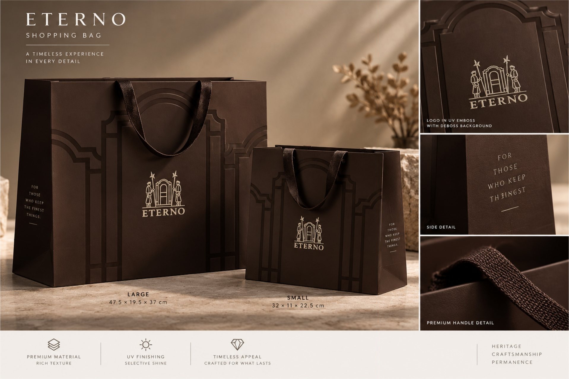 Large and small Eterno shopping bags with woven handles and embossed arches