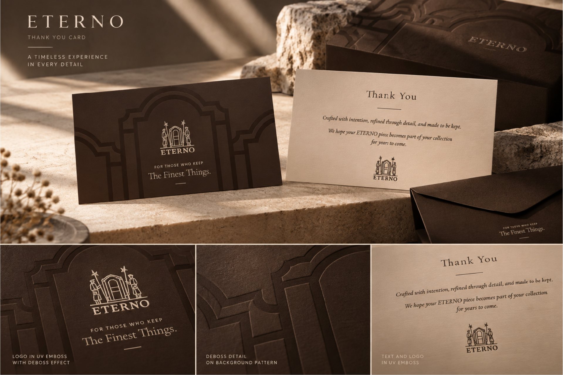 The thank you card next to the box on stone, front and back
