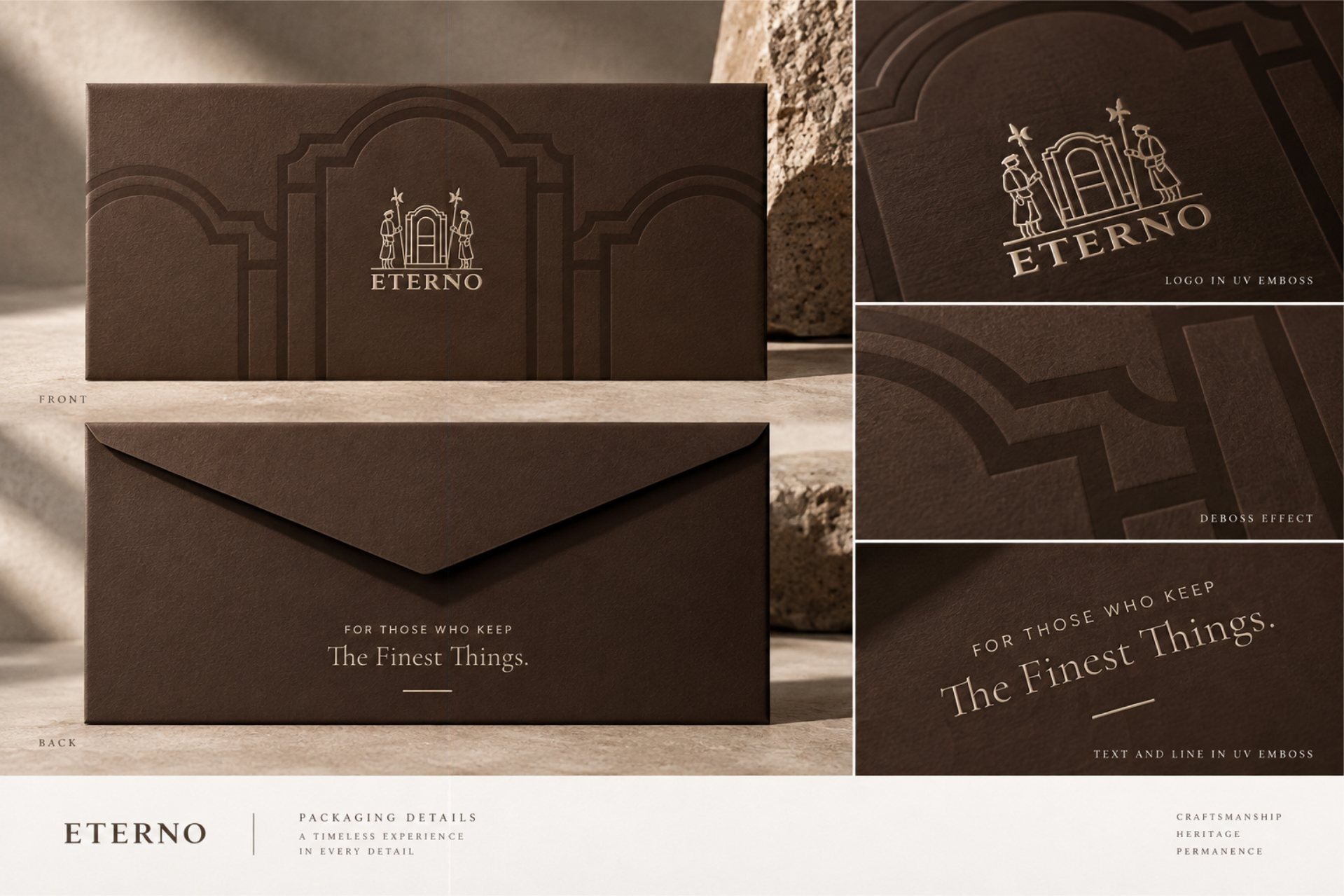 The Eterno envelope front and back with embossed arch details