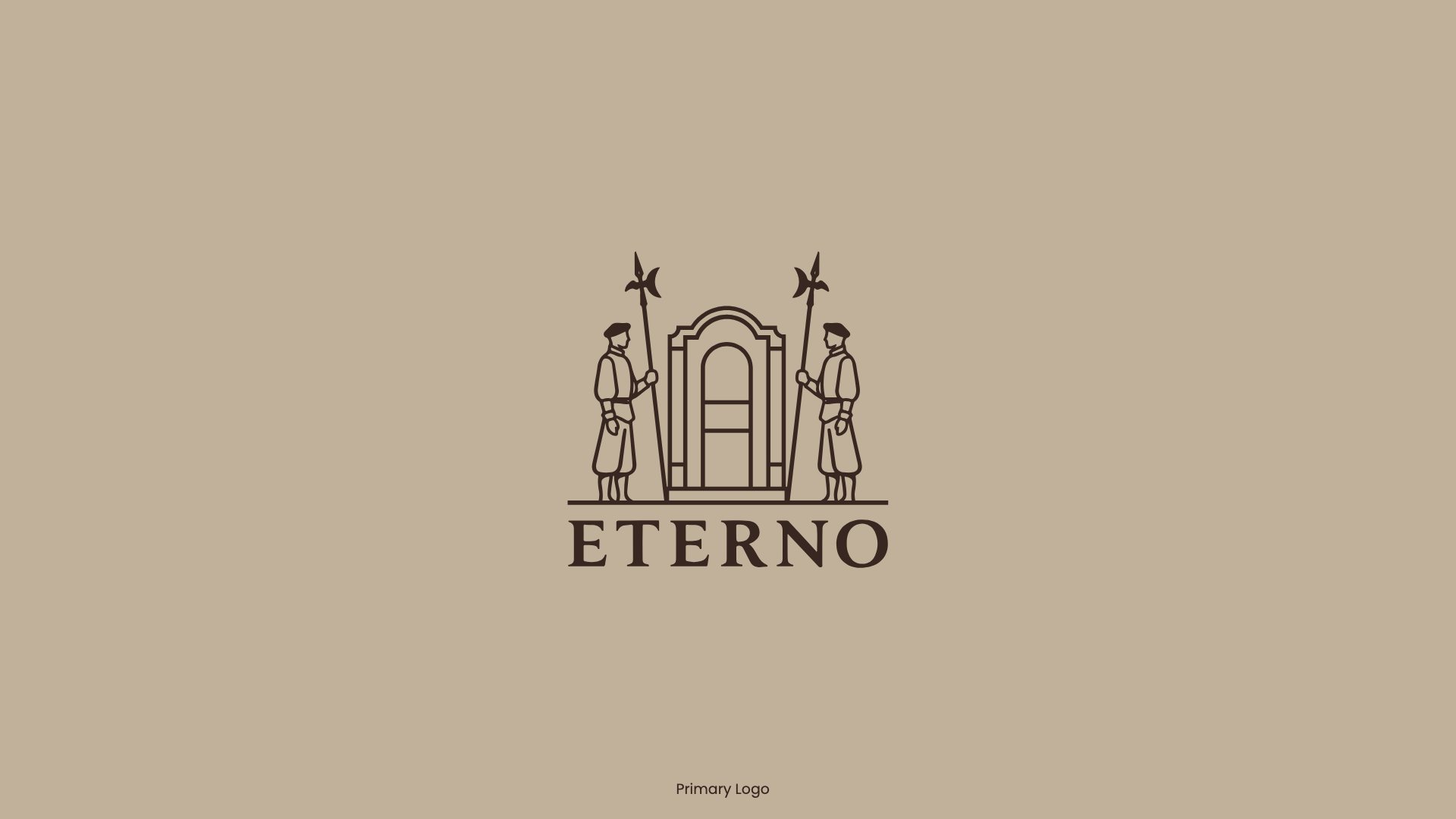 The Eterno crest and wordmark in espresso on tan