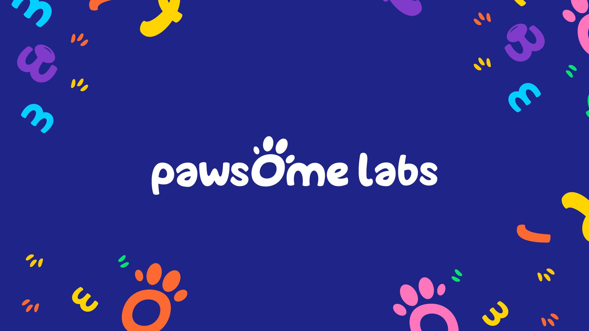 Pawsome Labs wordmark on navy with scattered paw confetti