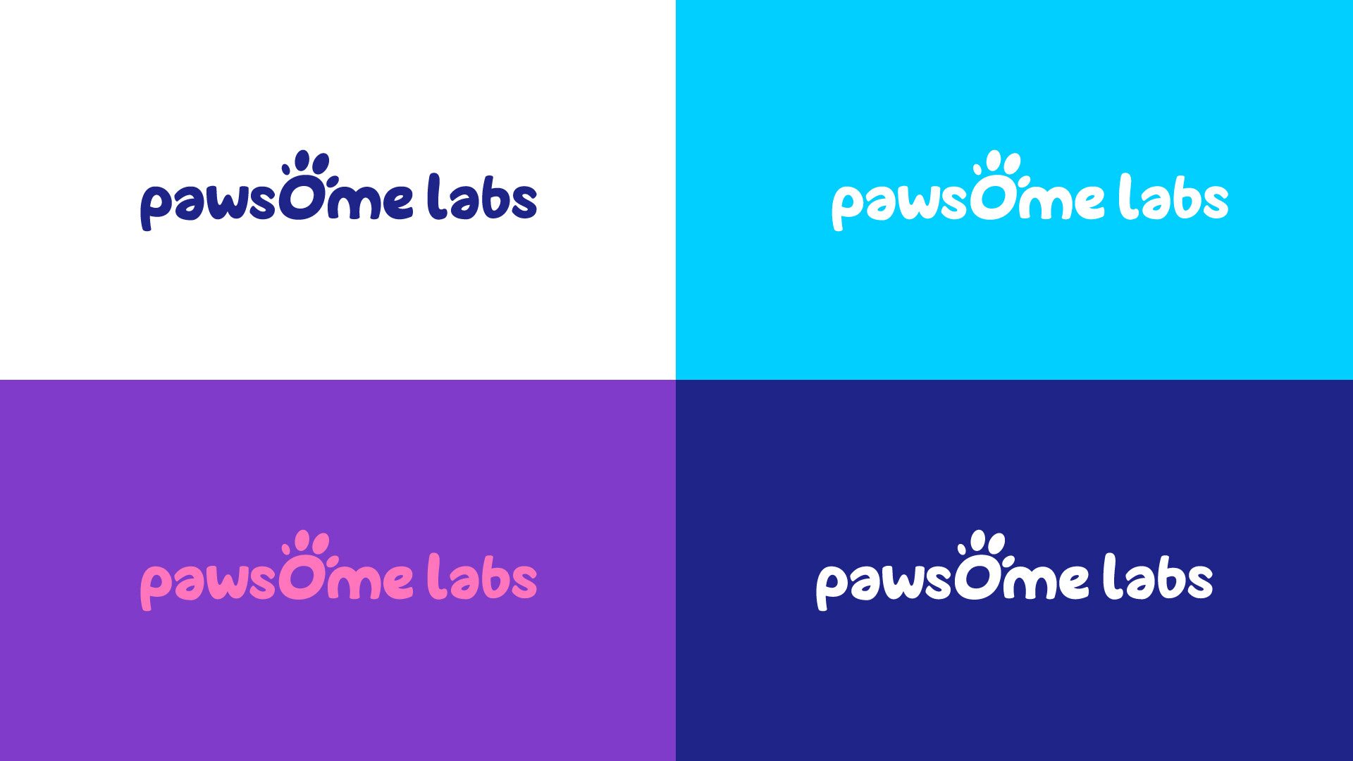 The wordmark on white, cyan, purple and navy