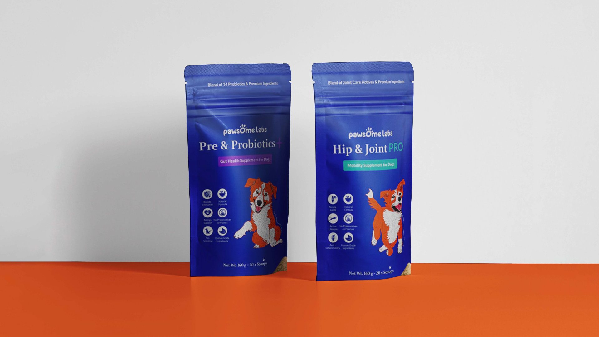 Pre & Probiotics and Hip & Joint Pro pouches on an orange floor