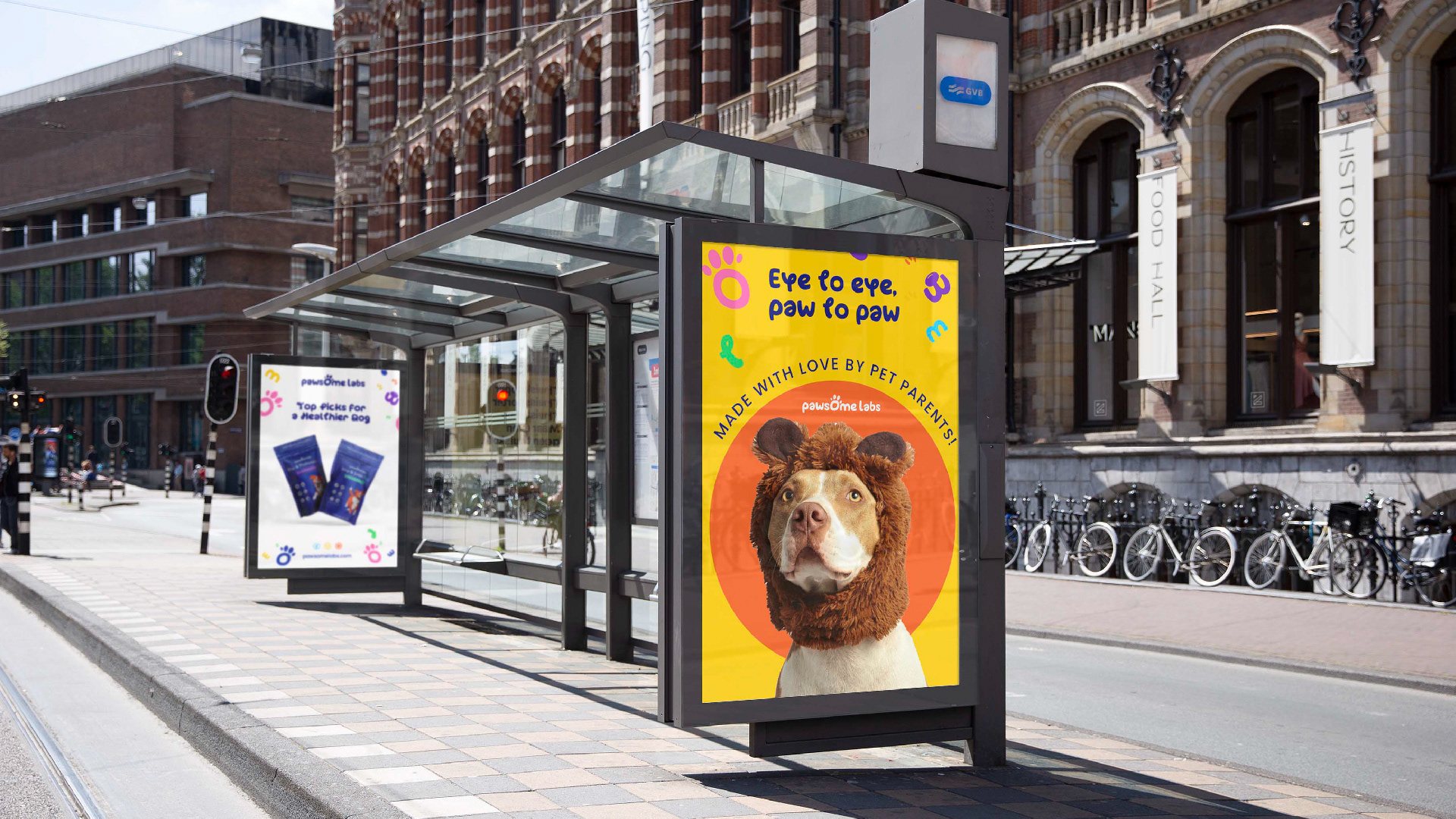 Bus shelter poster with a dog in a lion mane