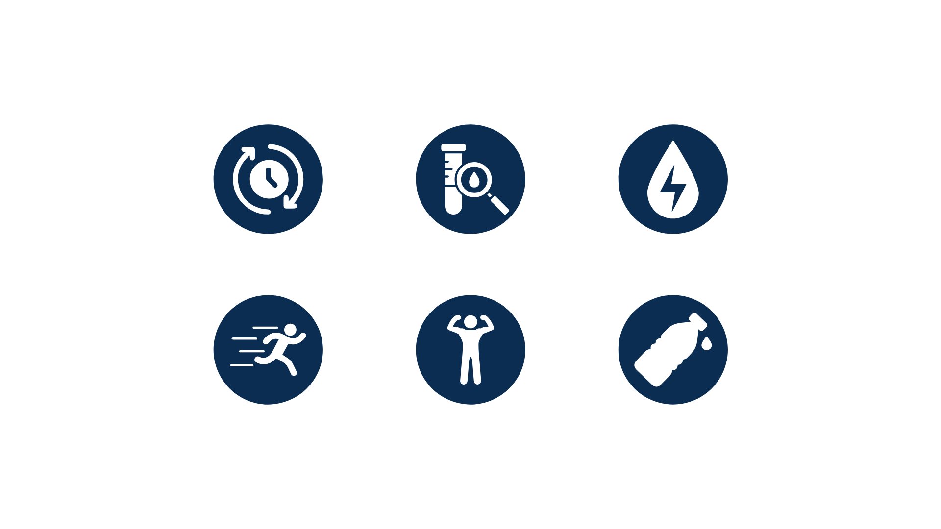 Six navy benefit icons for recovery, lab tested, energy, speed, strength and bottle