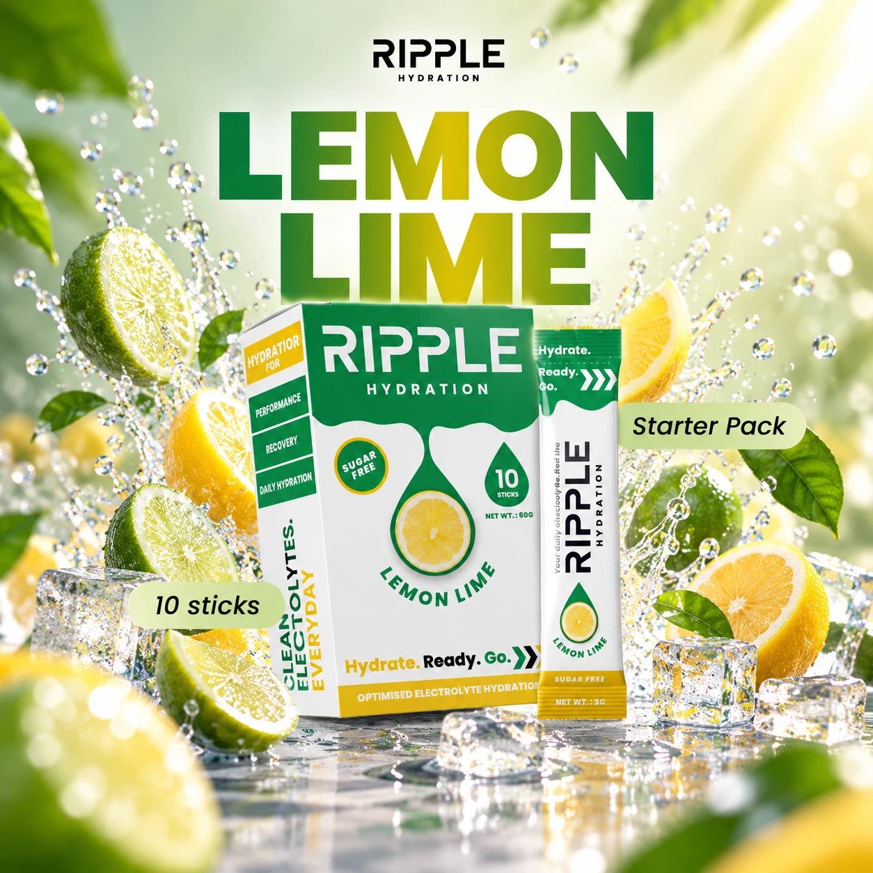 Lemon Lime box and sachet with limes, lemons and ice