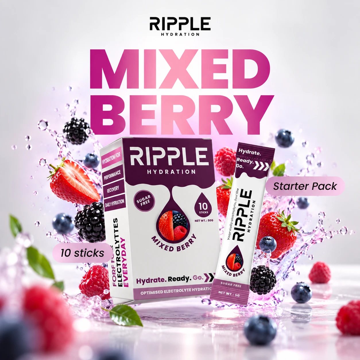 Mixed Berry box and sachet with berries and a splash