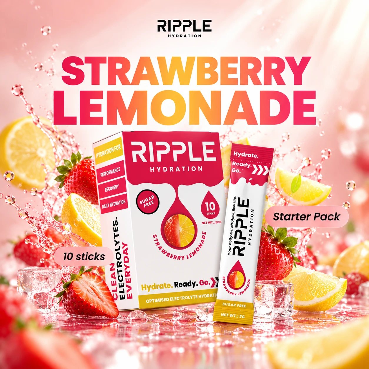 Strawberry Lemonade box and sachet with strawberries and lemons