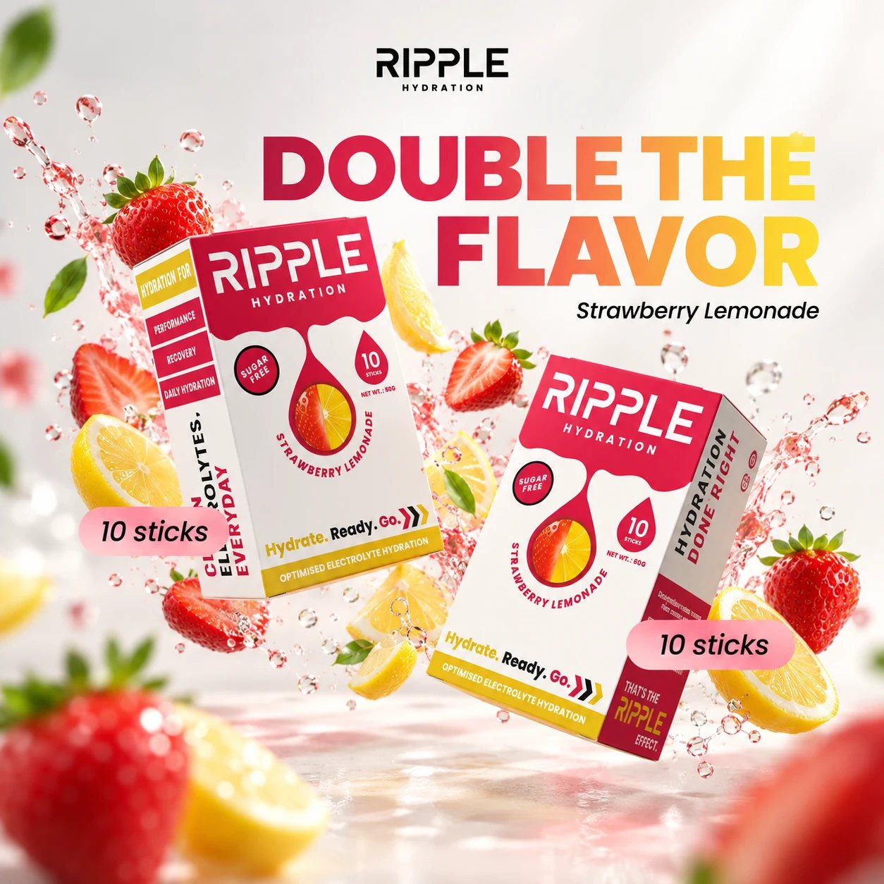 Two Strawberry Lemonade boxes in the air with strawberries and lemons
